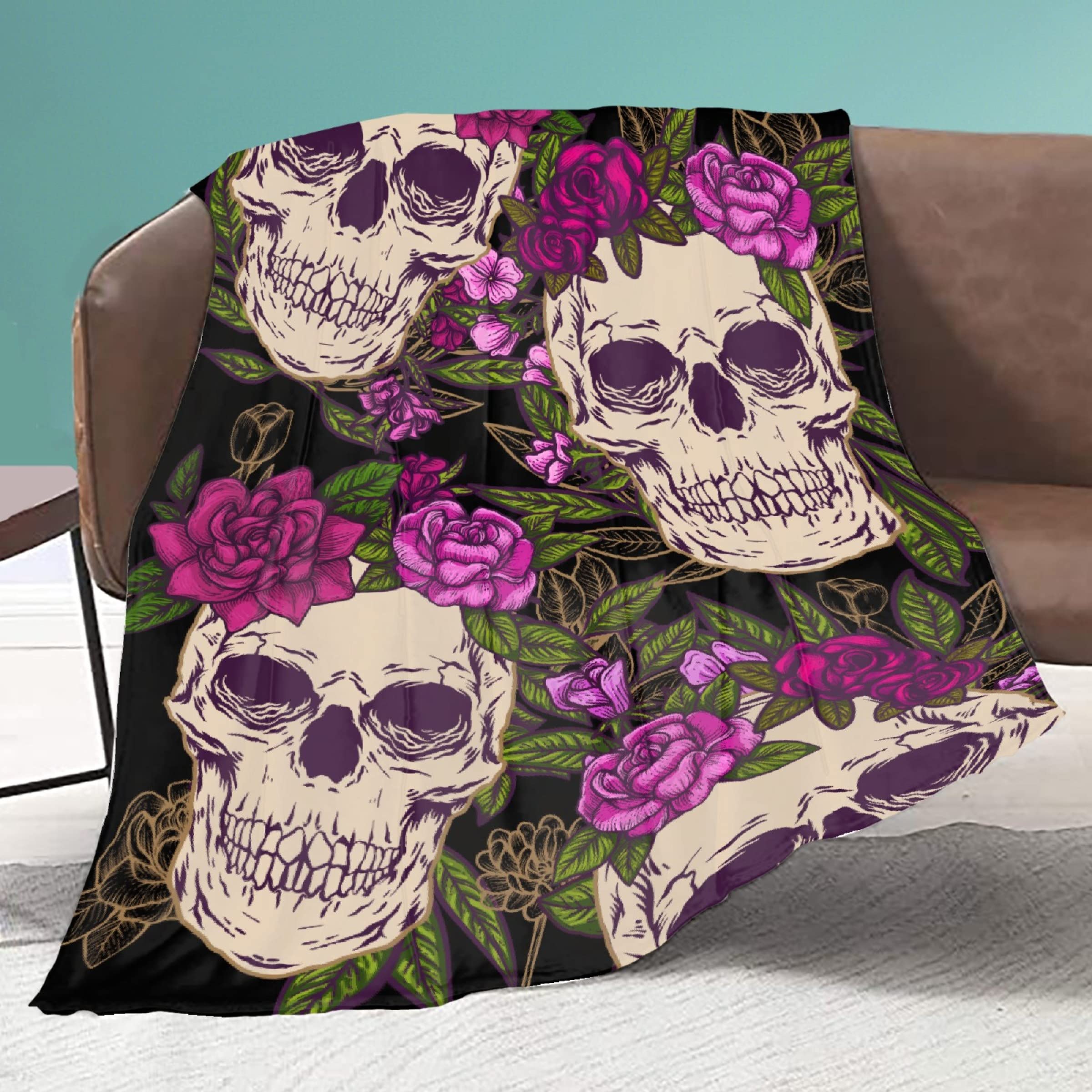 Soft Skull Floral Throw Blanket - Lightweight Plush Decorative Quilt for Kids, Sofa, Couch & Chair - 50x40 Inches - Perfect for Bedtime, Movie Nights & Nursery Decor