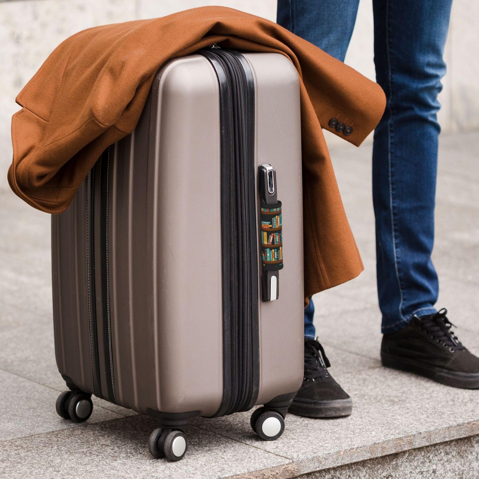 2-Pack Soft Luggage Handle Covers - Book & Bookshelf Design Suitcase Identifier for Travel Bags | Durable Handle Wraps & Travel Accessories | Perfect for Airports, Hotels & Business Trips