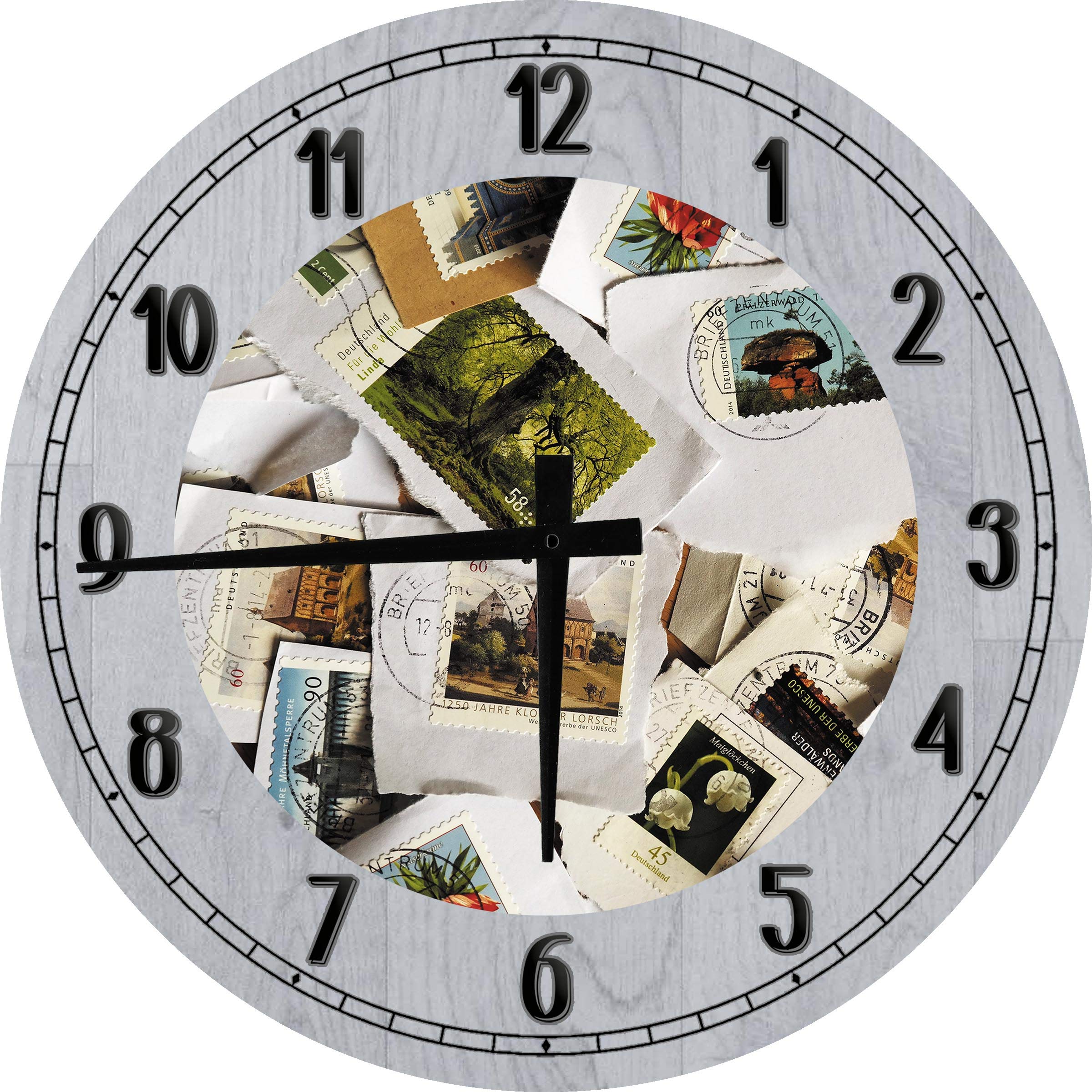 Vintage Euro Postage Stamp Wall Clock - 24 Inch Large Round Battery Operated Gray Clock for Home & Office Decor | Perfect for Stamp Collectors, Travel Enthusiasts & Unique Gift Ideas