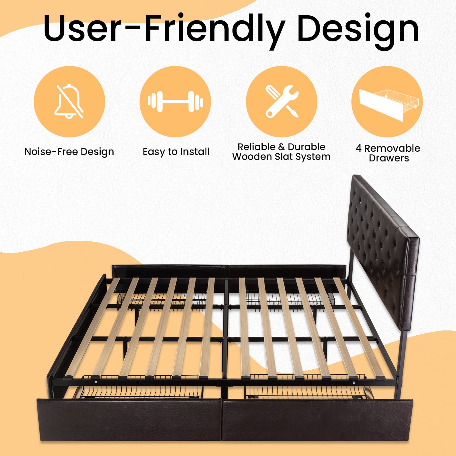 SHA CERLIN Upholstered King Size Platform Bed Frame with 4 Storage Drawers - Adjustable Diamond Stitched Headboard, Wooden Slat Support, No Box Spring Needed (Black Brown) - Perfect for Master Bedroom, Guest Room & Small Space Storage Solutions