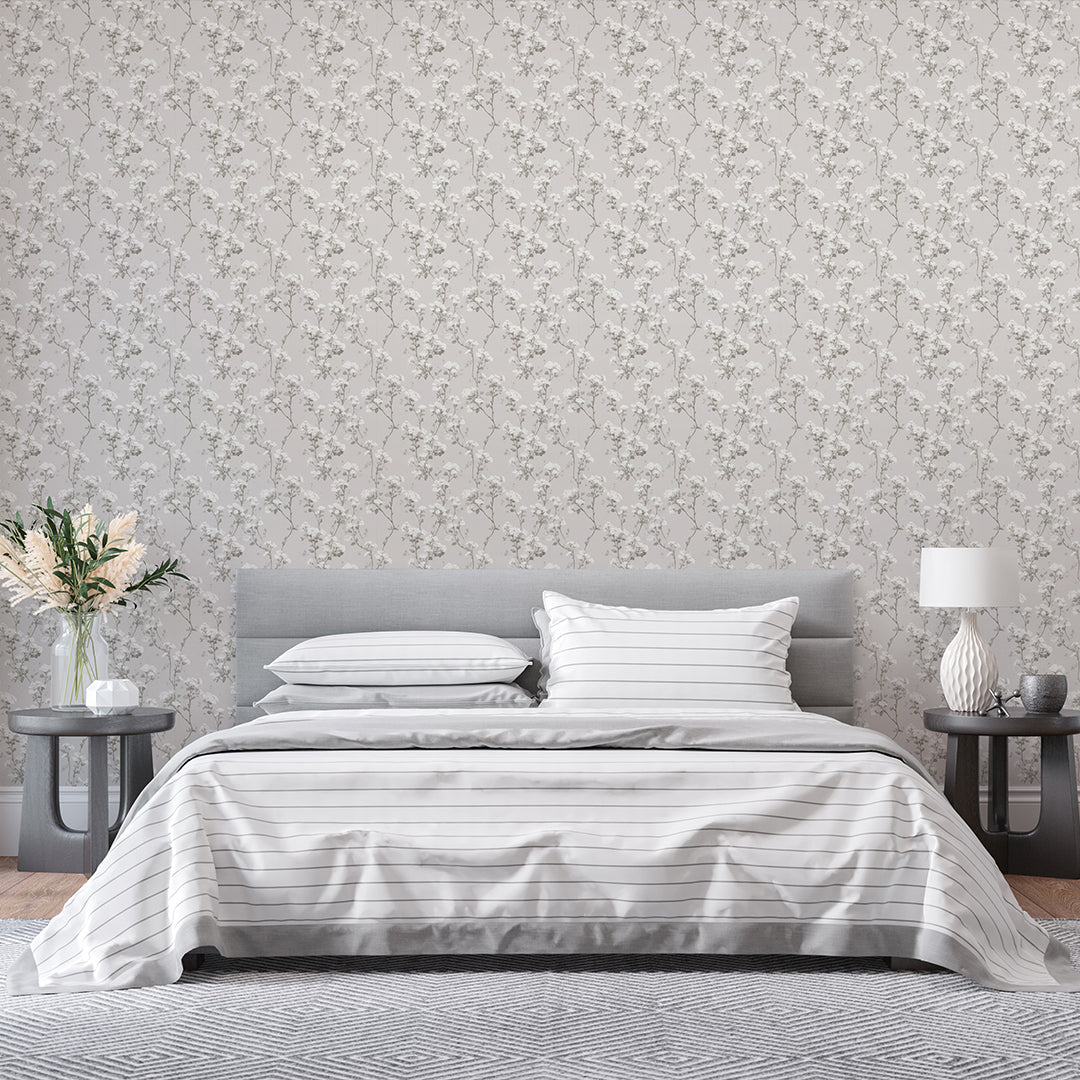Gray Blossom Flowers Wallpaper W151 - Floral Peel and Stick Wallpaper for Bedroom, Living Room, Nursery Decor | Self-Adhesive Removable Wallpaper