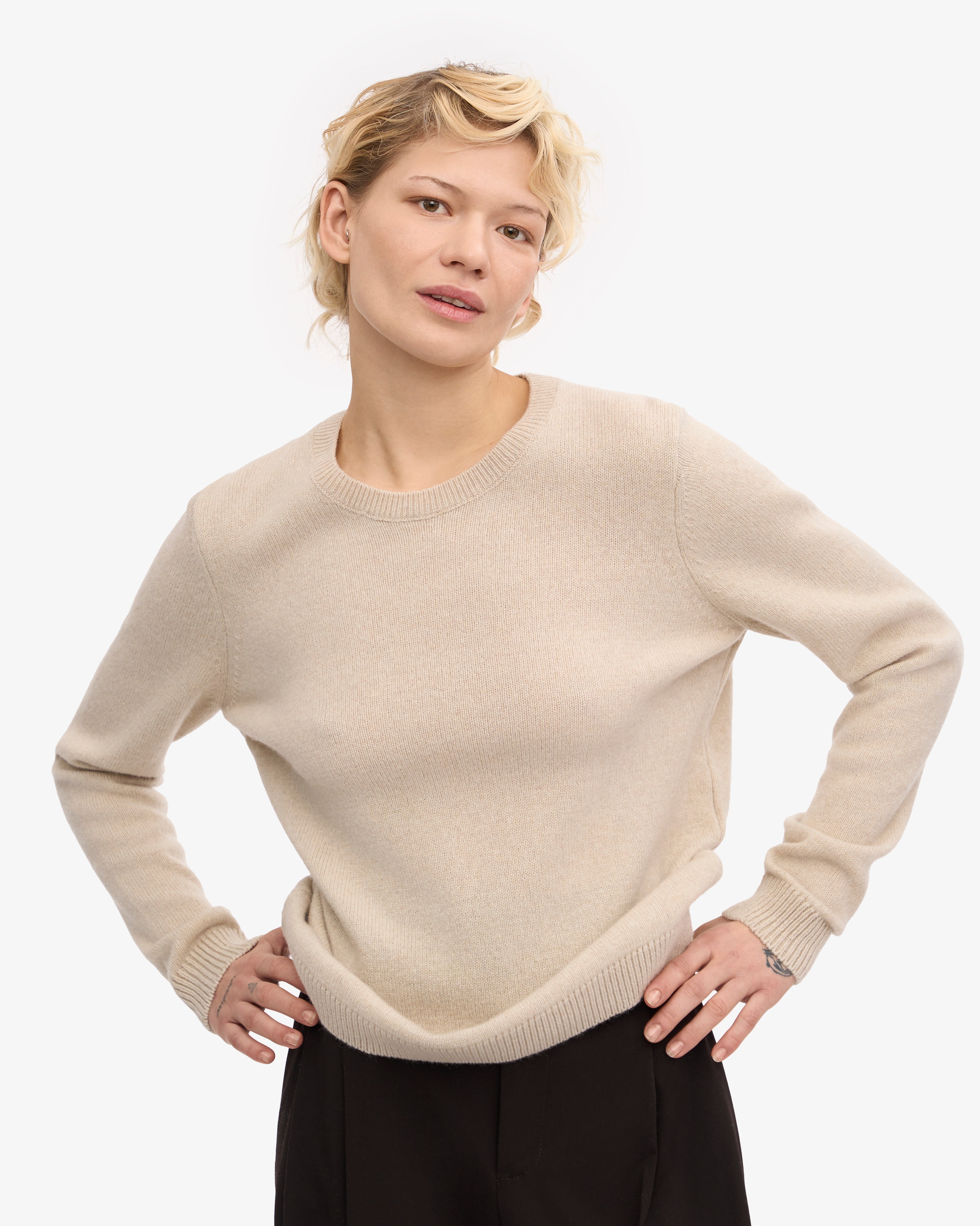 Premium Women's Classic Merino Wool Crew Neck Sweater - Ivory White | Soft & Warm Winter Knitwear for Casual Outfits & Office Wear