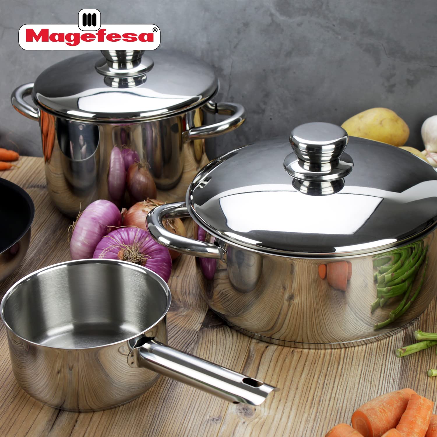 MAGEFESA 6-Piece Stainless Steel Cookware Set for Couples - Includes Stockpot, Dutch Oven, Saucepan & Deep Fry Pan - Induction Compatible for All Stovetops - Easy Clean & Dishwasher Safe - Perfect for Family Cooking, Meal Prep & Entertaining