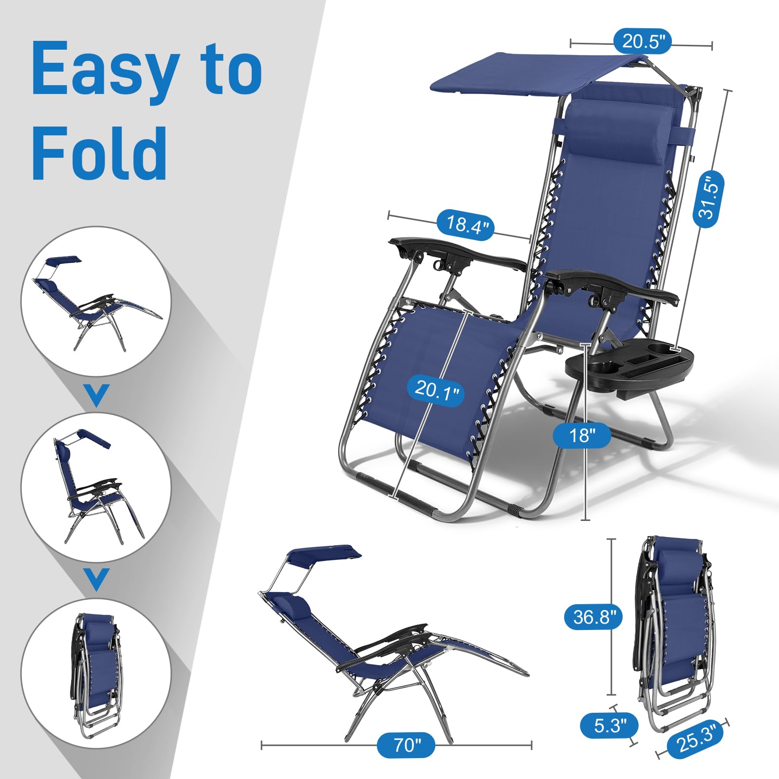 **Bonnlo Zero Gravity Lounge Chair with Adjustable Canopy - Patio Recliner with Cup Holder & Headrest - Foldable Sunshade Chair for Beach, Pool, Garden & Outdoor Relaxation (Blue, 1-Pack)**