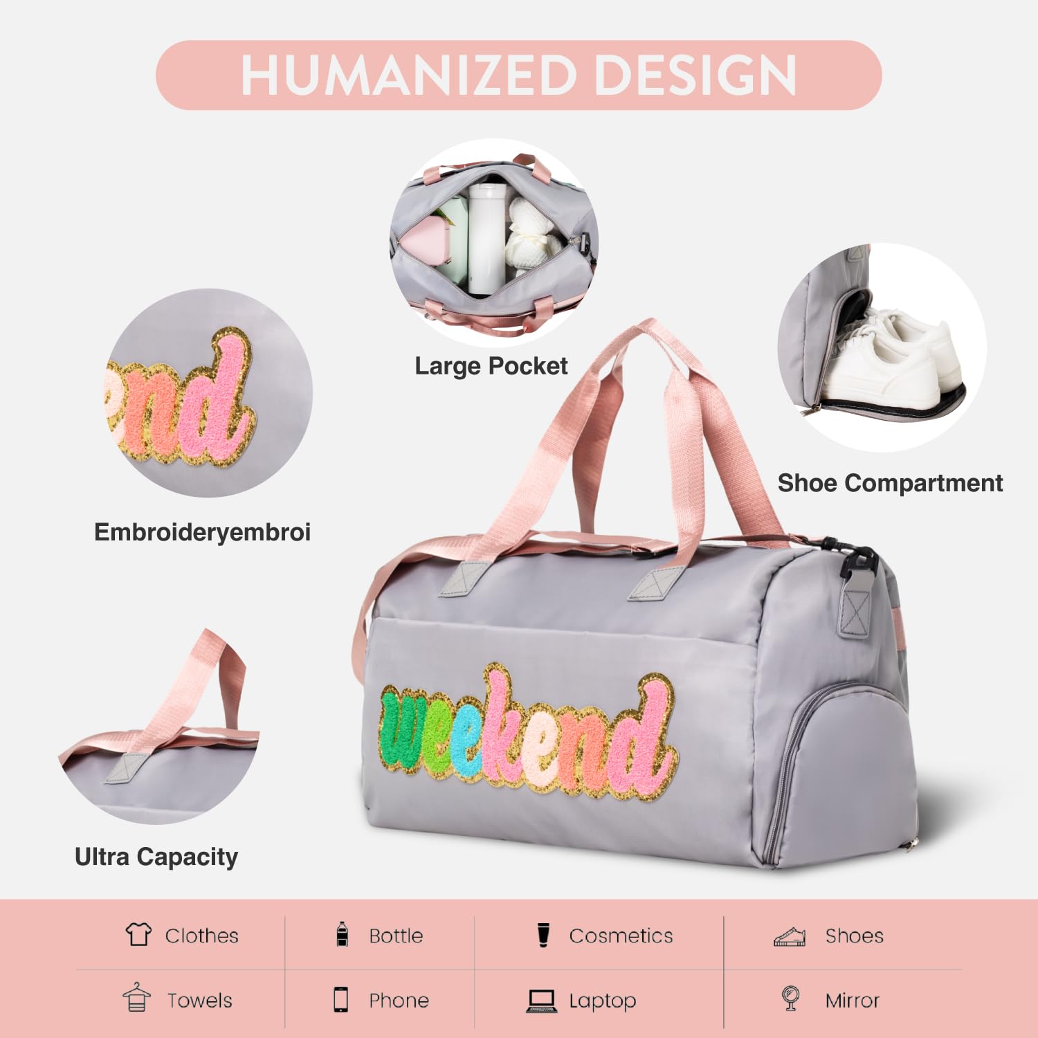 2 Pcs Women's Travel Weekender Bag with Shoe Compartment - Overnight Duffel, Gym & Hospital Toiletry Bag - Preppy Chenille Letter Design for Sleepovers, Weekend Getaways & Workouts