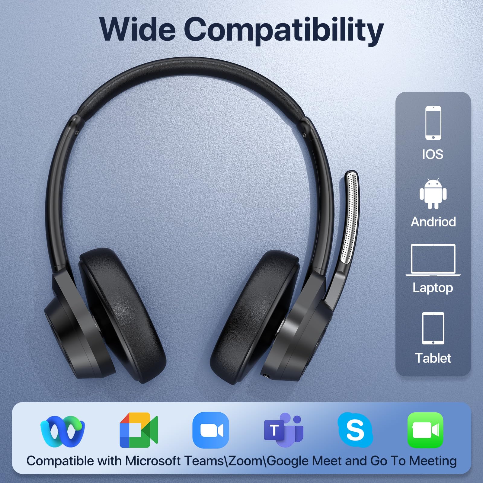 Wireless Bluetooth 5.4 Headphones with Microphone - Noise Cancelling Over-Ear Headset with Multipoint Connectivity for Office, Call Center, Zoom Meetings & Remote Work (Black) - Perfect for Business Professionals & Home Office Use