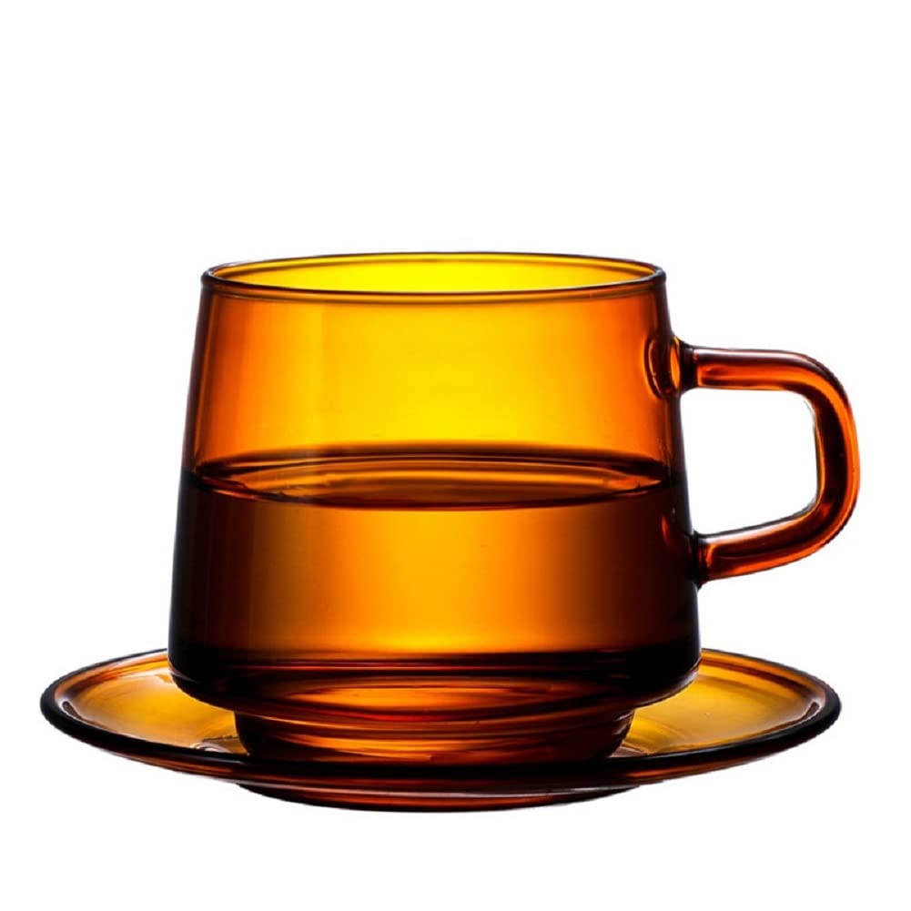Vintage Ochine Glass Tea Cups and Saucers Set - 6-Piece Amber Glass Coffee Mugs with Handle for Espresso, Cappuccino, Latte, Tea & Milk - Elegant Drinking Glasses for Home, Cafe, Restaurant & Gift Giving