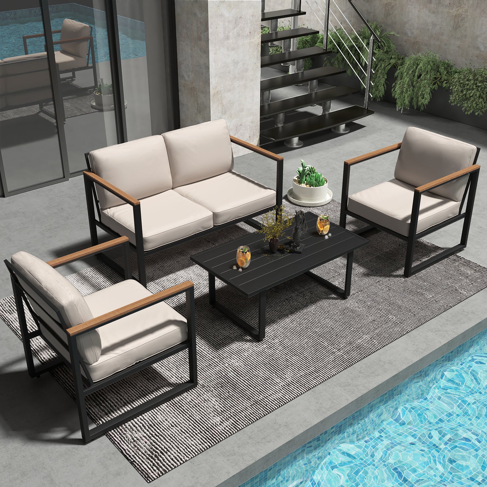 GARVEE 4-Piece Outdoor Patio Furniture Set - All-Weather Metal Conversation Set with Loveseat, 2 Chairs & Coffee Table - Thick Cushioned Seating for Porch, Deck, Garden, Balcony, Bistro (Black & Beige) - Perfect for Backyard Relaxation, Outdoor Entertaining & Coffee Mornings
