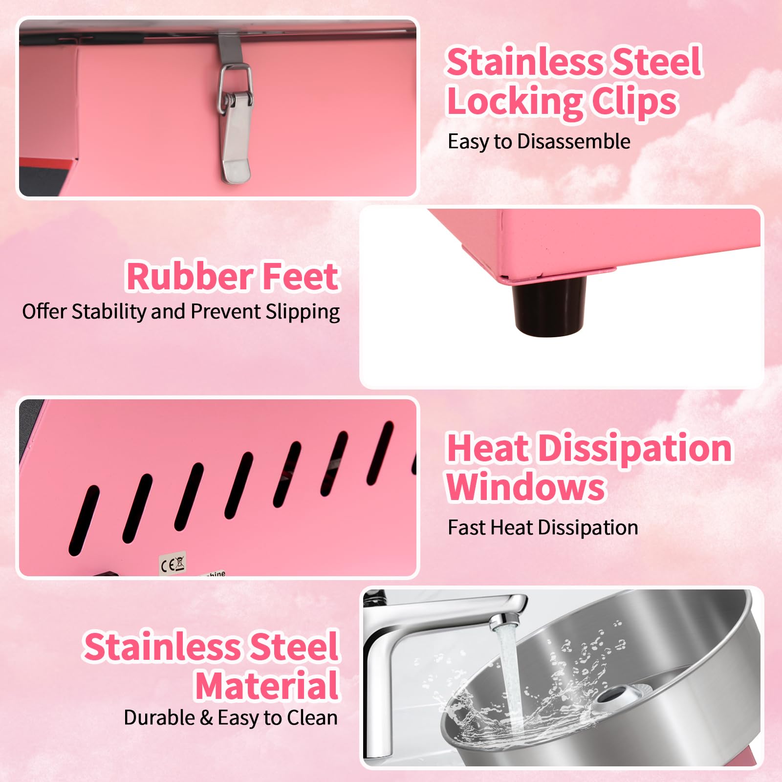1050W Commercial Cotton Candy Machine with Stainless Steel Bowl - Electric Candy Floss Maker for Kids Birthday Parties, Halloween, Christmas & Festivals - Perfect for Family Gatherings, Carnival Events & Sweet Shops (Pink)