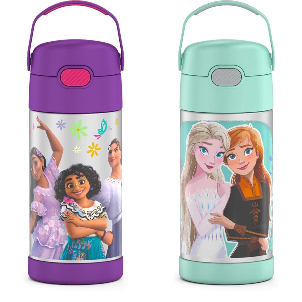 Thermos Funtainer 12oz Stainless Steel Vacuum Insulated Kids Water Bottle with Straw - Encanto & Frozen 2 Designs Bundle | Leakproof for School, Travel & Outdoor Activities