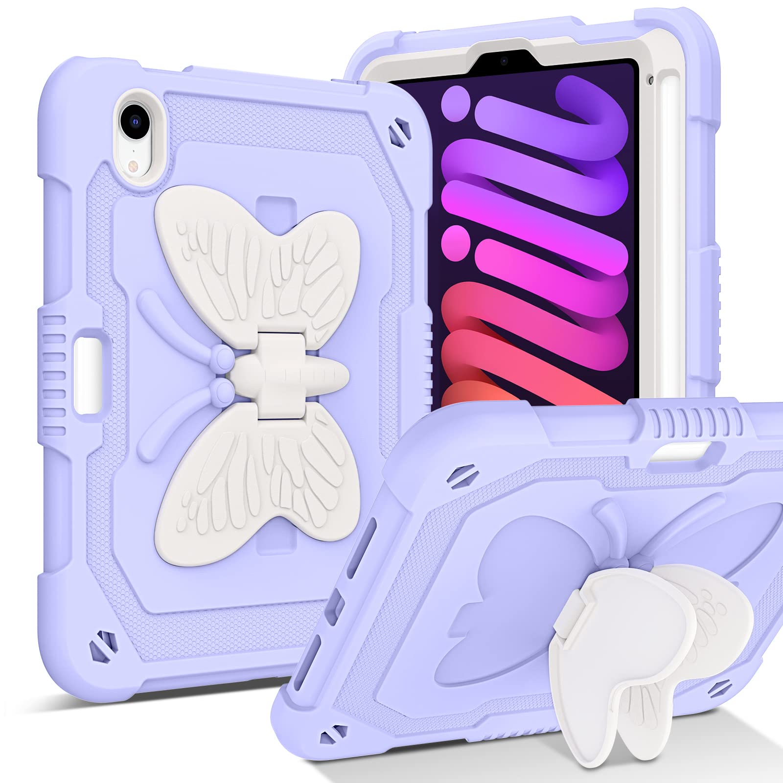 BENTOBEN iPad Mini 7 Case with Pencil Holder & Kickstand - Shockproof Protective Cover for iPad Mini 7th/6th Gen (2024/2021) - Heavy Duty Bumper Case for Kids & Adults - Purple Design - Perfect for School, Travel & Everyday Use