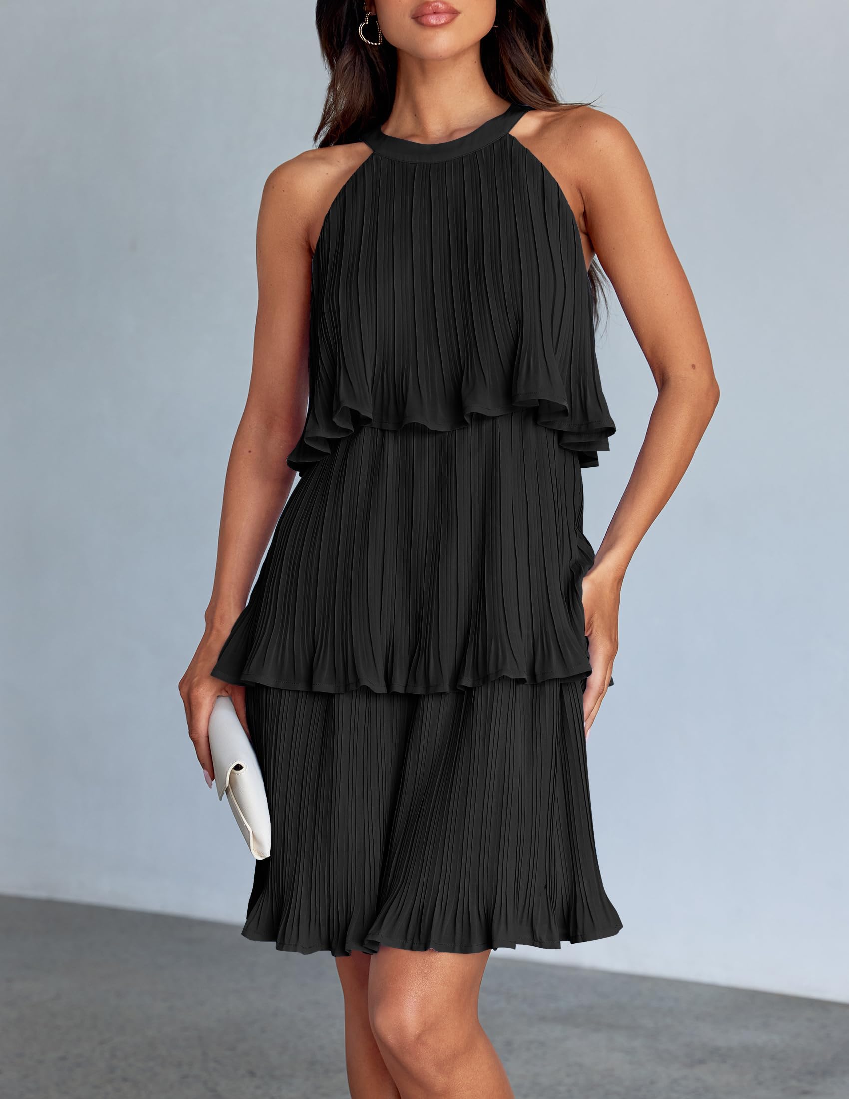 ZESICA Women's Summer Halter Dress 2025 - Sleeveless Ruffle Tiered Chiffon Pleated A-Line Mini Swing Dress for Beach, Party & Vacation | Casual & Formal Occasions
