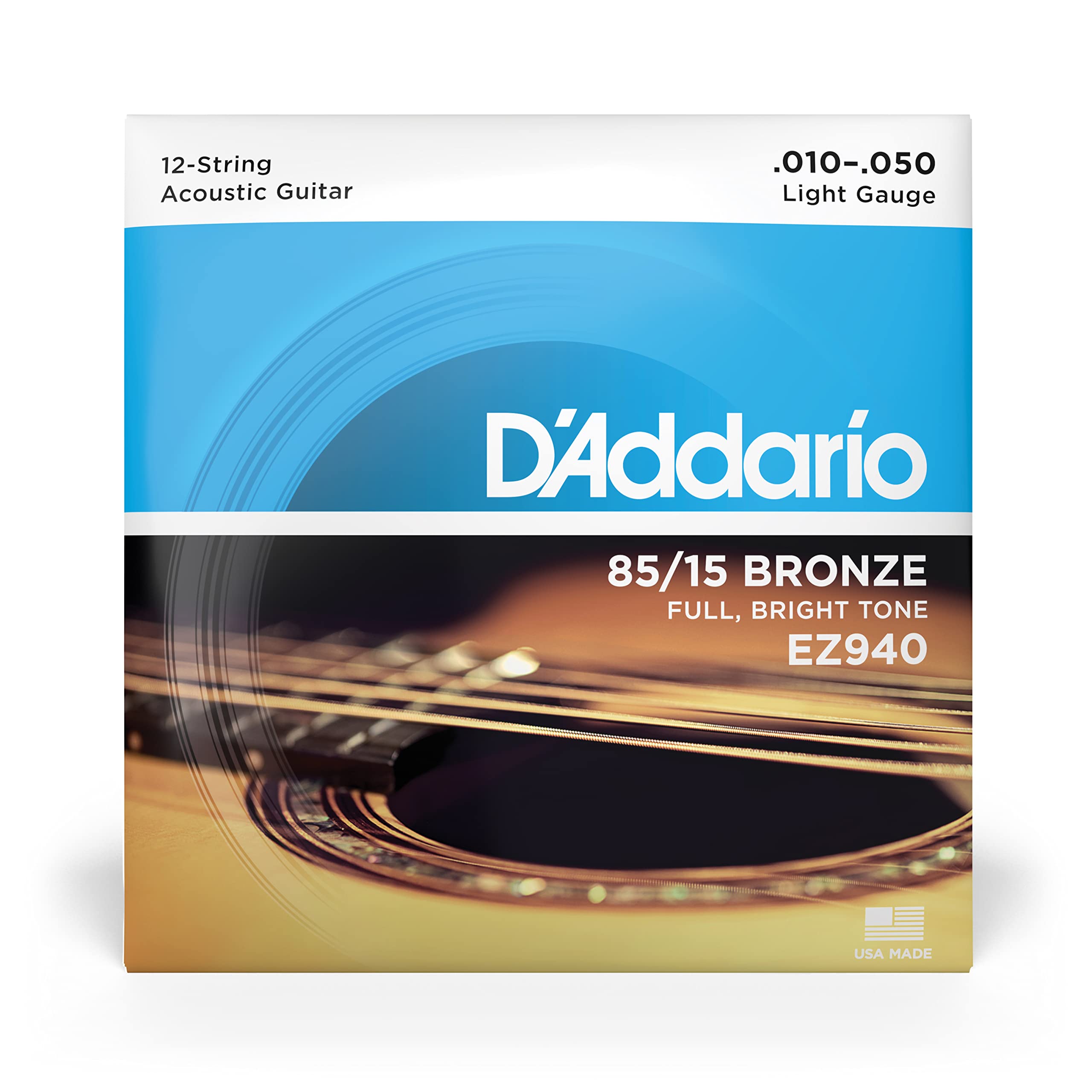 D'Addario American Bronze Light Acoustic Guitar Strings (.010-050 Gauge) - 12 Pack (EZ940) for Folk, Country & Fingerstyle Playing