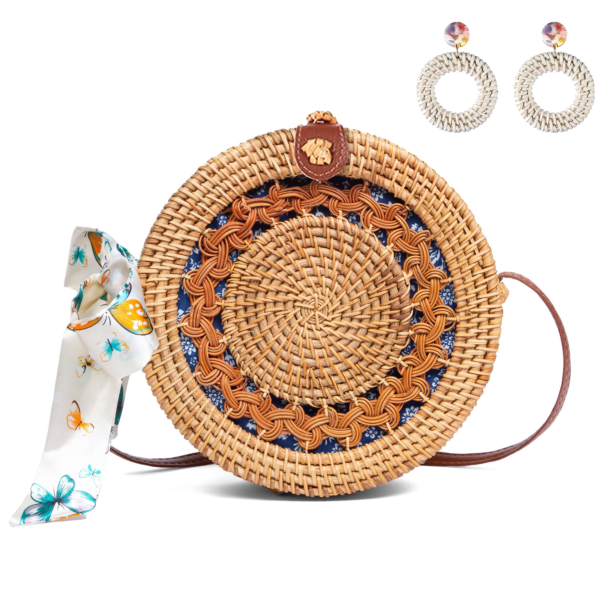 Handmade Rattan Straw Woven Beach Bag for Women - Round Wicker Purse for Summer, Travel, Picnic & Outdoor Activities