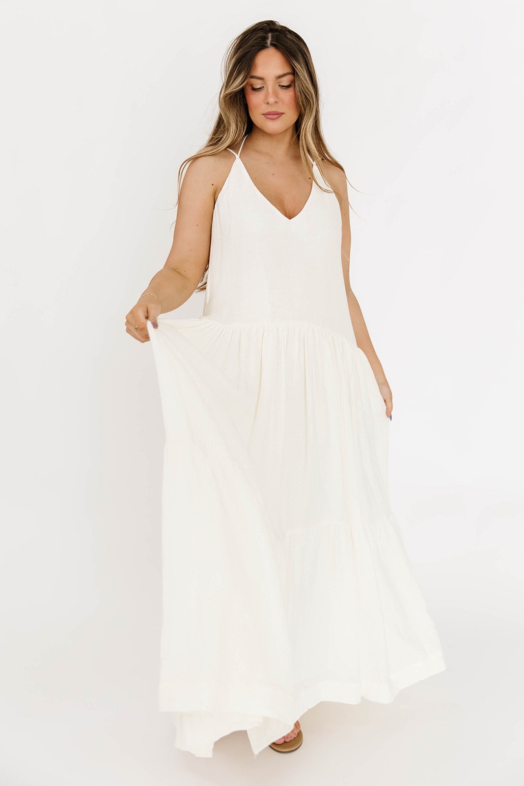 Solenne Women's Elegant Cream Maxi Dress - Perfect for Summer Weddings, Beach Vacations & Casual Outings