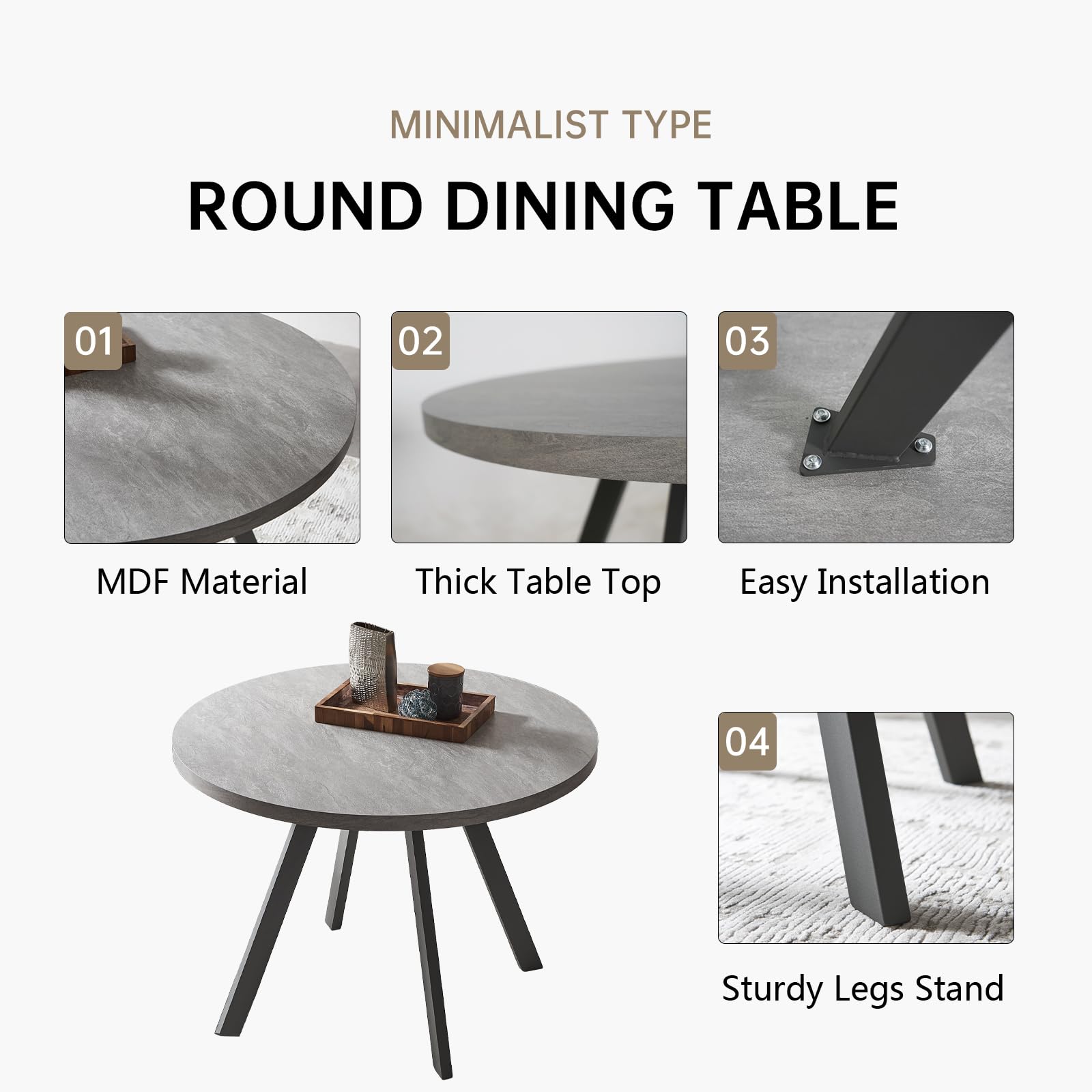 Mid Century Modern Round Dining Table Set with 4 Brown Chairs - Space Saving Small Kitchen Table for Breakfast Nook, Apartment Dining, and Cozy Family Meals