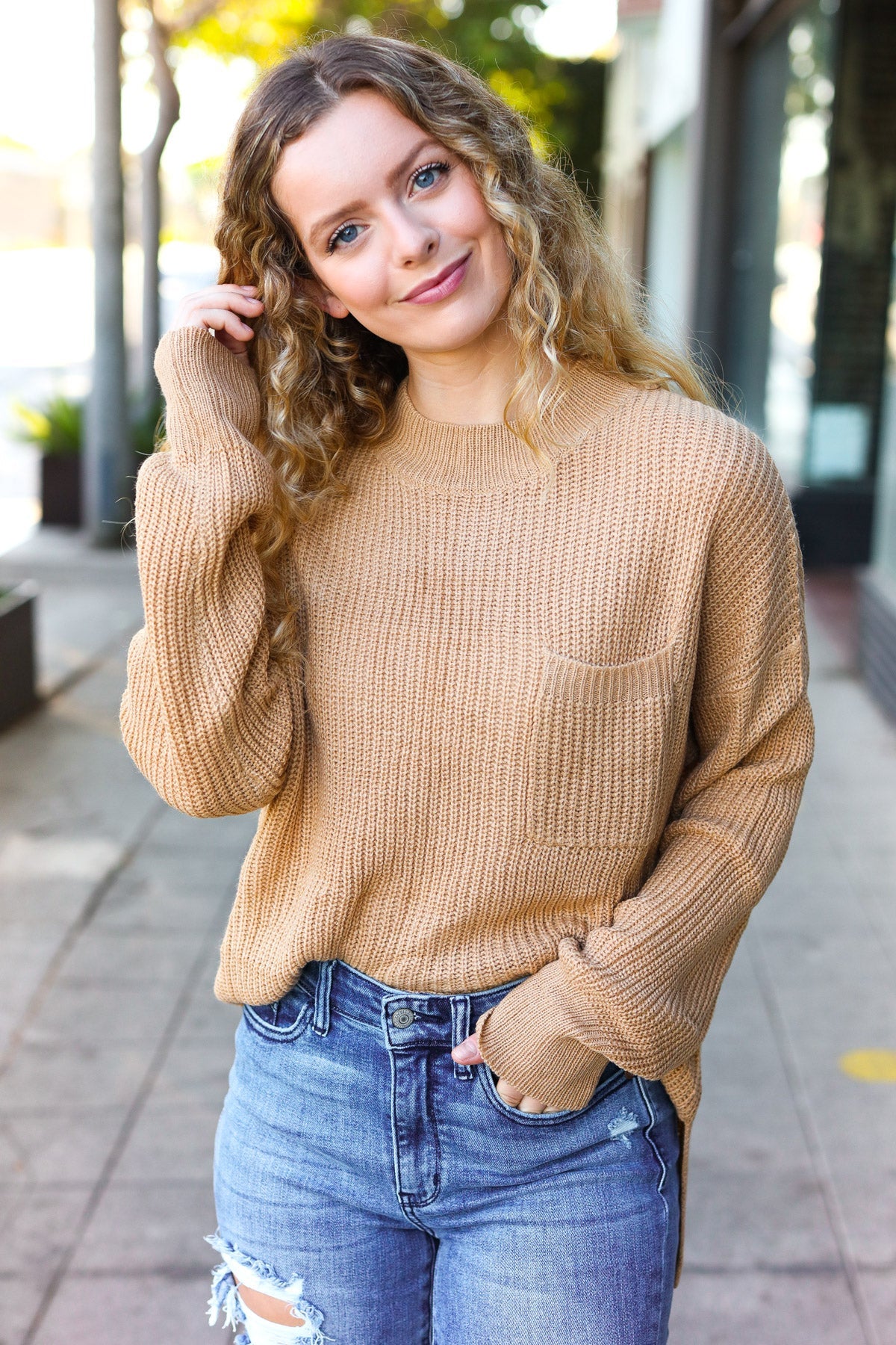 Elegant Taupe Mock Neck Knit Sweater with Chest Pocket - Women's Casual Winter Pullover for Office & Date Night