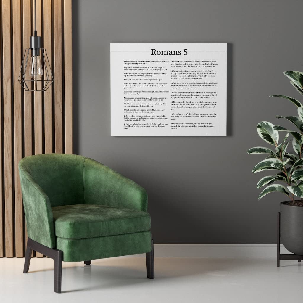 Bible Art Canvas - Romans Chapter 5 Landscape Christian Wall Decor | White Scripture Print for Home, Church & Office | Inspirational Gift for Weddings, Baptisms & Religious Occasions