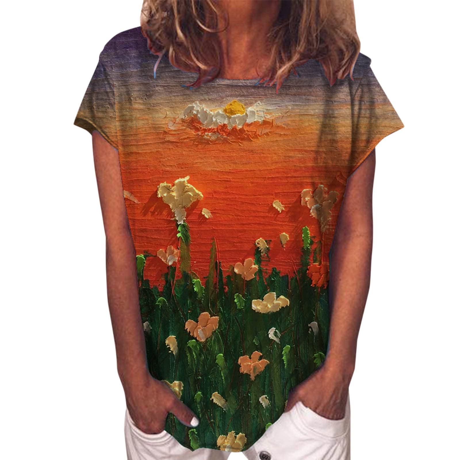 Women's Casual Summer Tops - Short Sleeve Crew Neck Sweatshirt & Tunic Blouse for Leggings | Purple & Orange XL | Perfect for Yoga, Workout & Everyday Wear