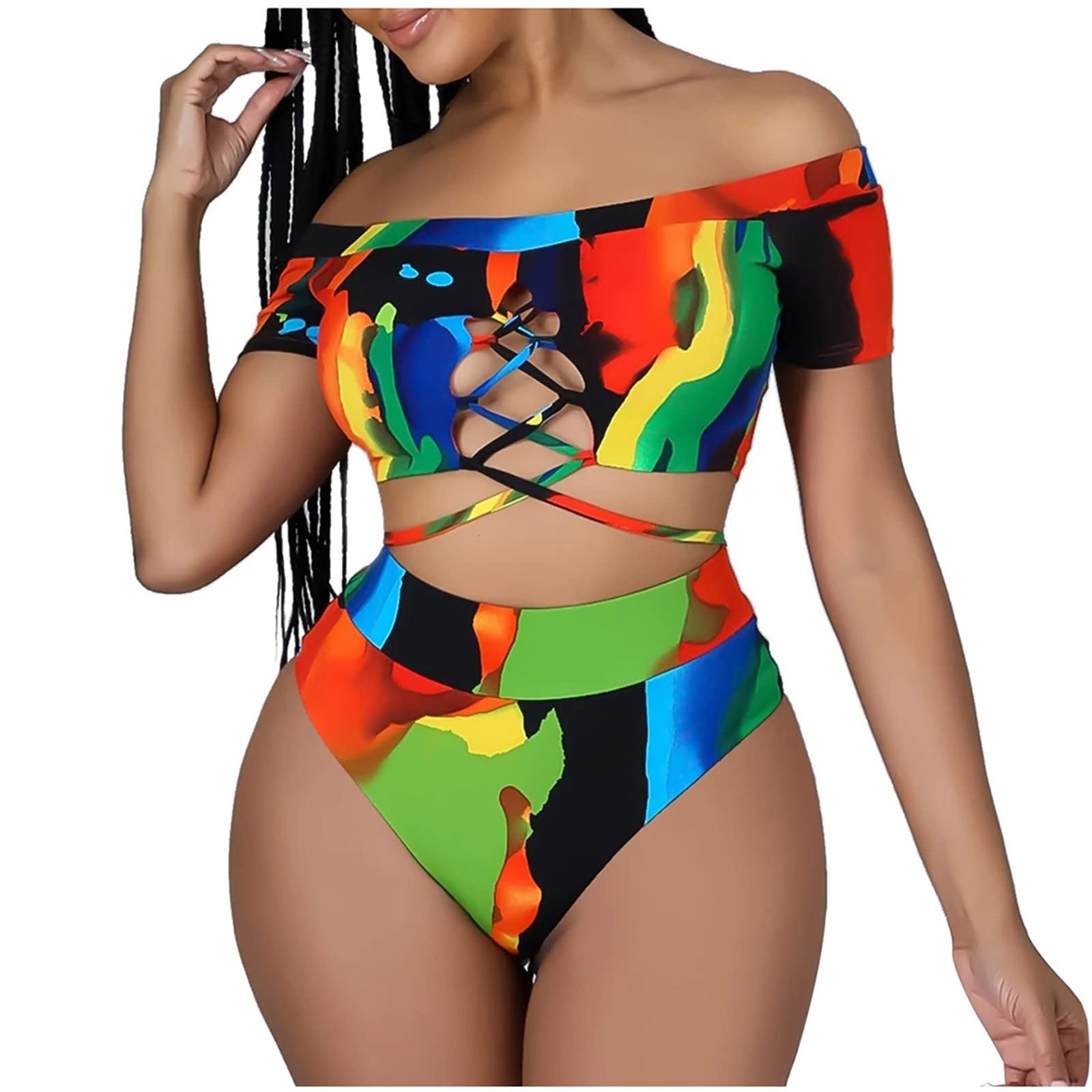2 Piece Women's Tankini Swimsuits - Color Contrast Bikini Bathing Suit Set for Beach & Pool | Summer Vacation Swimwear, Water Sports & Tropical Getaways