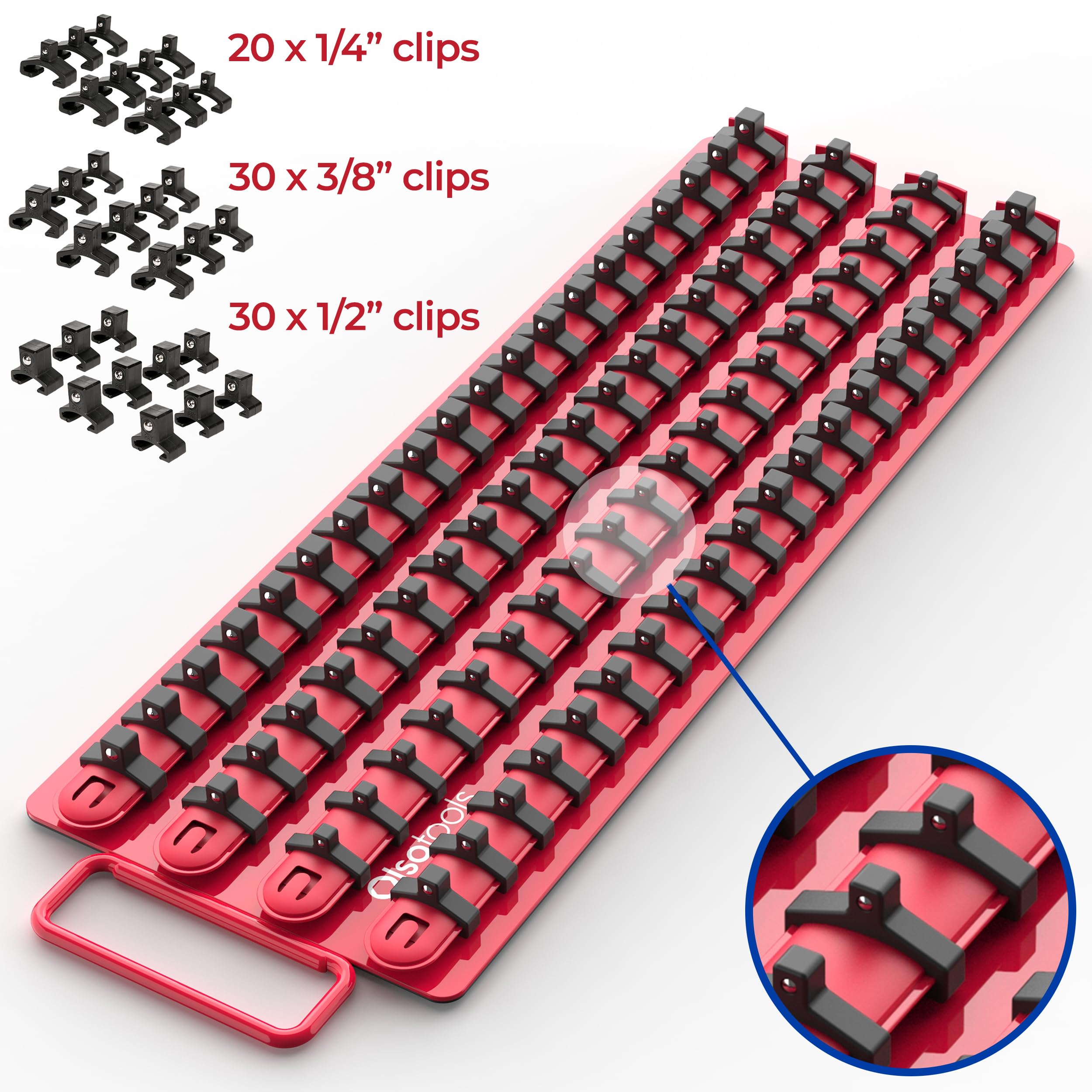 Olsa Tools Portable Socket Organizer Tray with Red Rails & Black Clips - Heavy Duty Socket Holder for 80 Sockets | Premium Quality Tool Storage Solution | Perfect for Mechanics, DIY Enthusiasts & Garage Organization