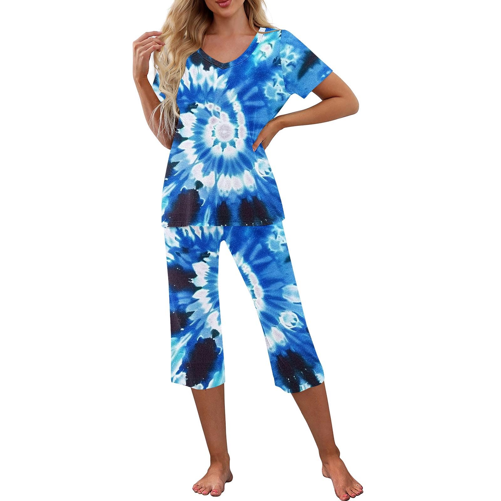 Women's Boho Lounge Sets - Tie Dye Short Sleeve Sleepshirt & Capri Pants 2-Piece Pajama Set with Pockets | Comfortable Sleepwear for Relaxing at Home, Travel & Lounging