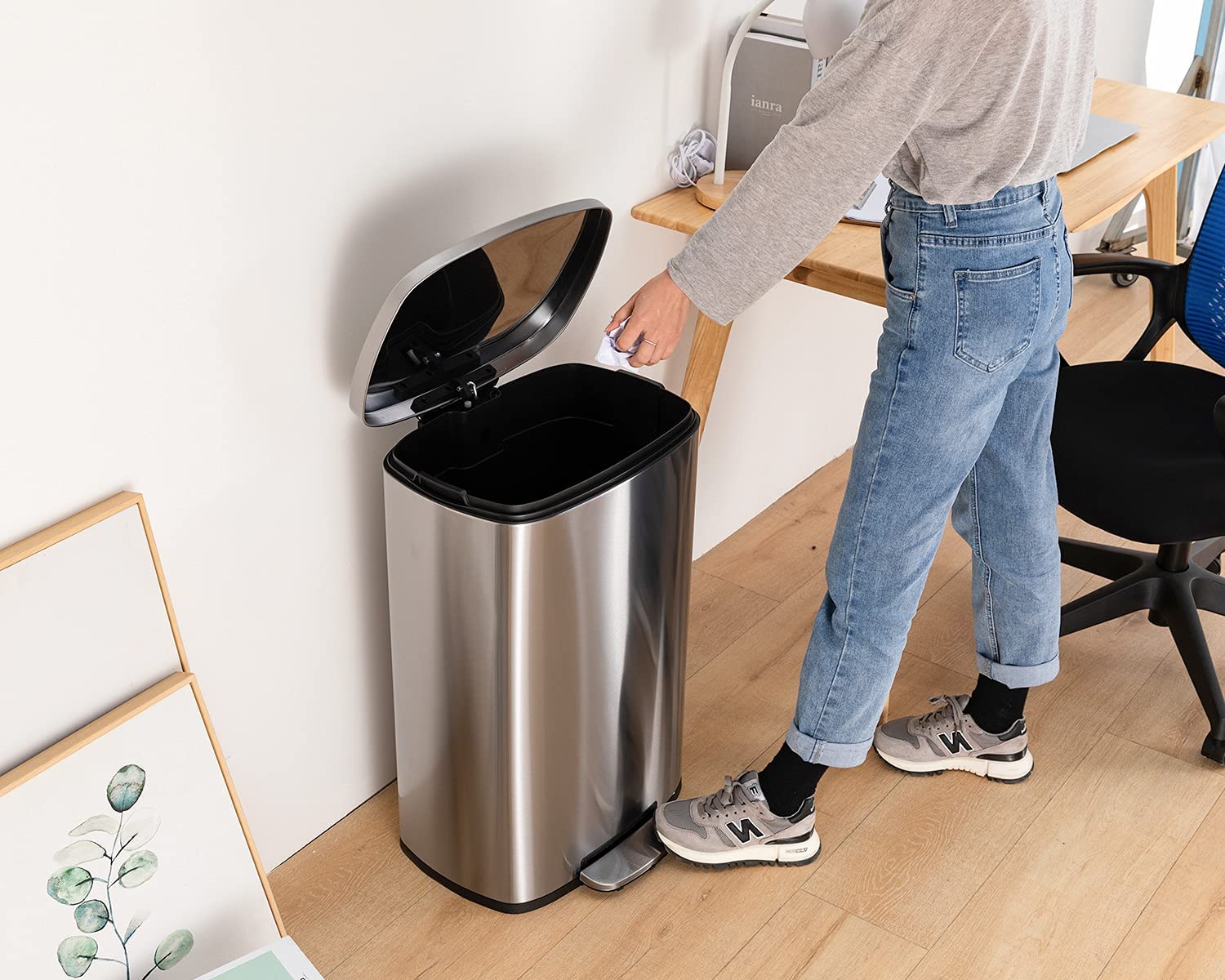 13 Gallon Stainless Steel Trash Can with Lid - 50L Fingerprint-Proof Kitchen Garbage Bin for Office, Bedroom & Bathroom - Durable Step Pedal Design for Hands-Free Disposal