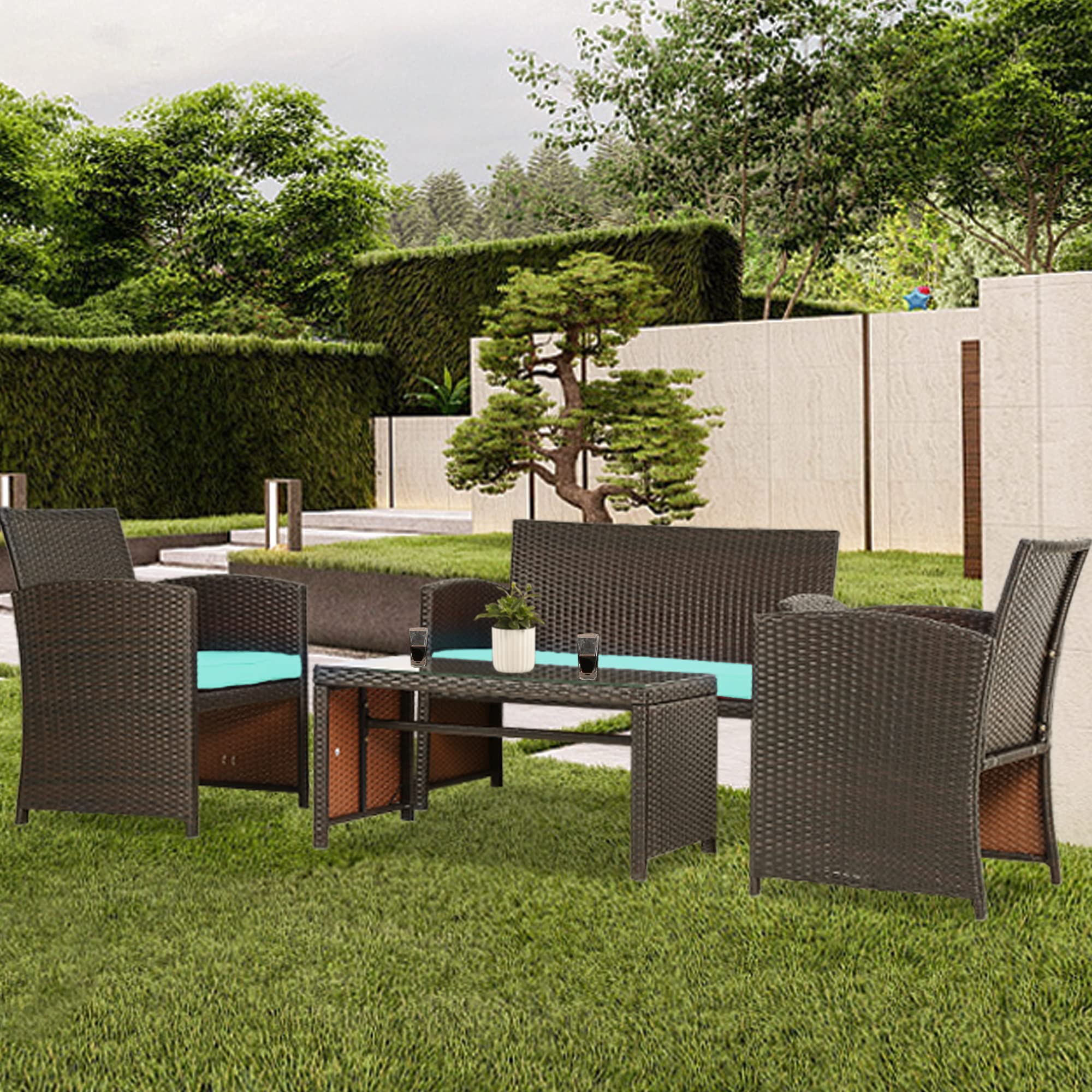 4-Piece Brown Wicker Patio Furniture Set with Blue Cushions & Glass Table - Outdoor Conversation Set for Poolside, Lawn, Porch, Balcony, Garden, and Indoor Use