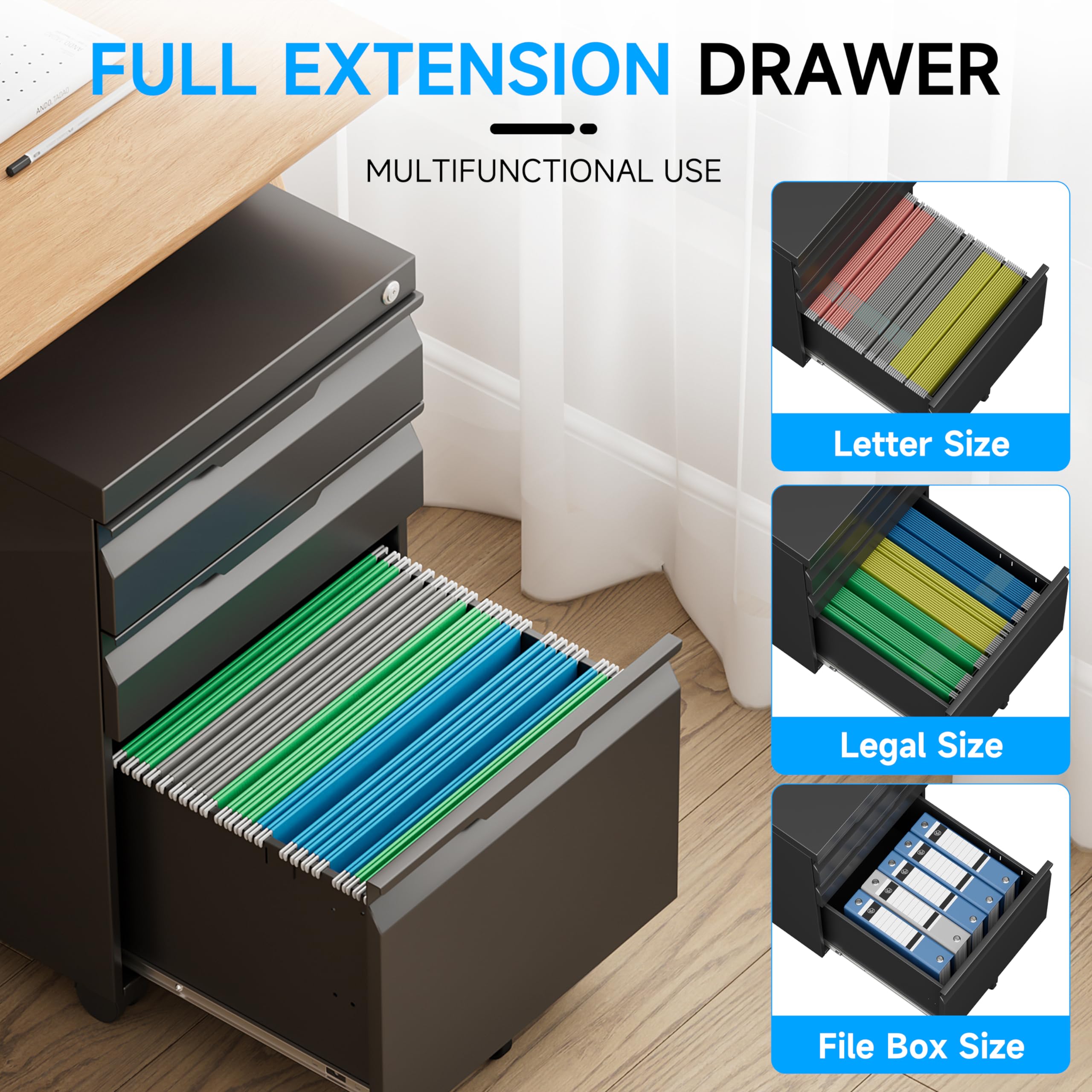 3 Drawer Rolling File Cabinet with Lock - Mobile Metal File Organizer for Letter, Legal & A4 Documents - Home Office Storage Solution (Black) | Perfect for Small Spaces & Office Organization