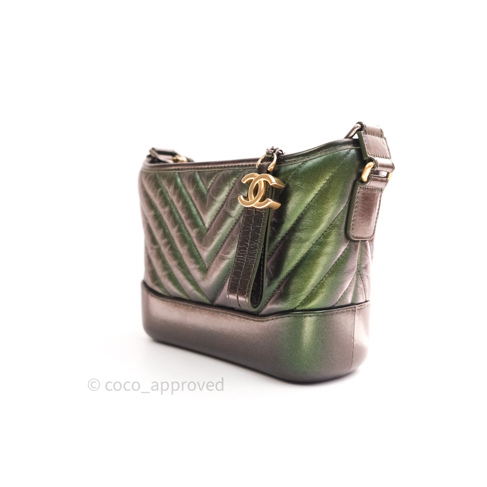 Chanel Small Gabrielle Hobo Bag - Iridescent Green Calfskin with Chevron Pattern & Mixed Hardware | Luxury Crossbody Purse for Women, Perfect for Parties & Evening Events
