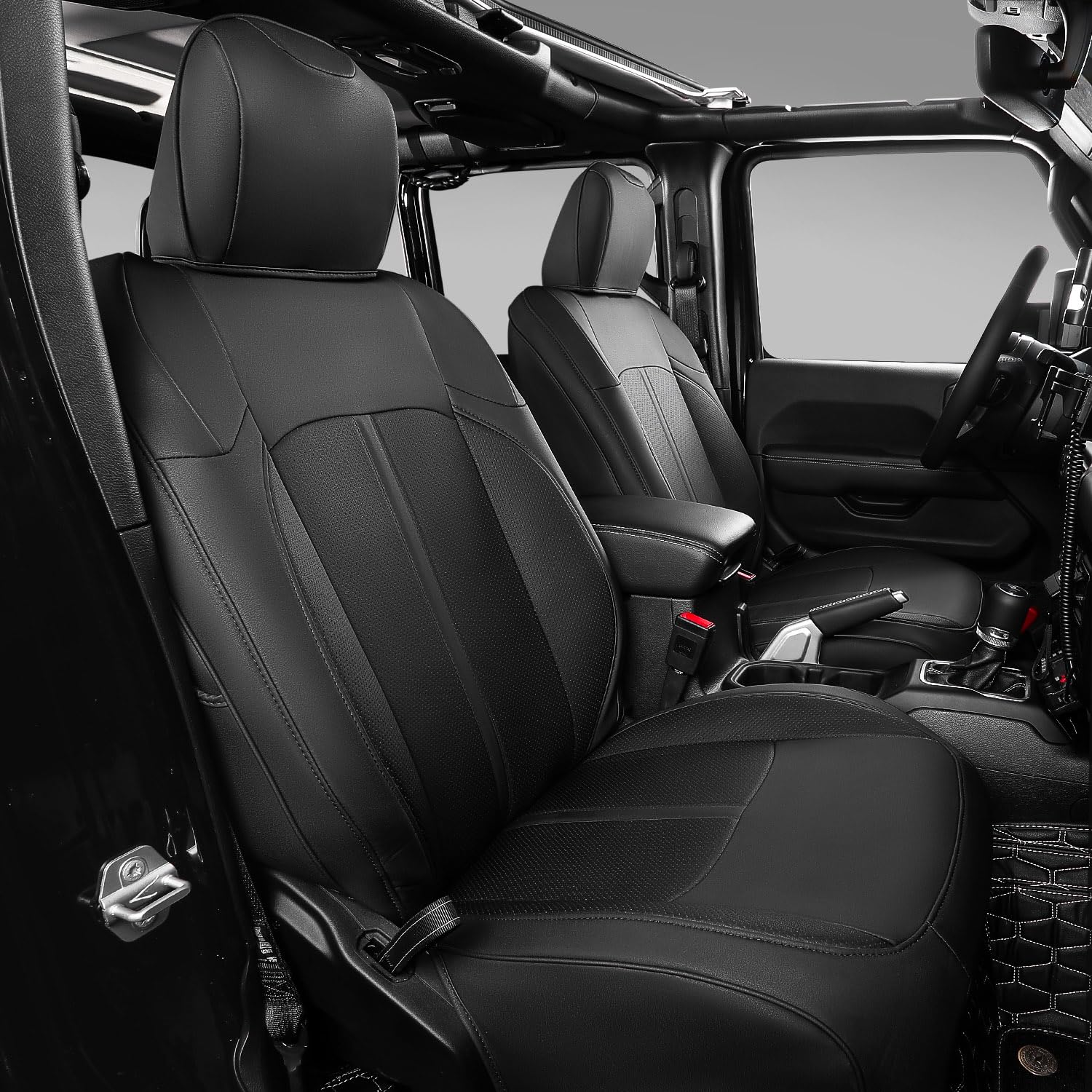 Premium PU Leather Seat Covers for 2018-2024 Jeep Wrangler JL - 4 Door Replacement Car Seat Protectors (Black, No Rear Cup Holder) | Waterproof & Durable Interior Accessories for Off-Roading & Daily Commuting