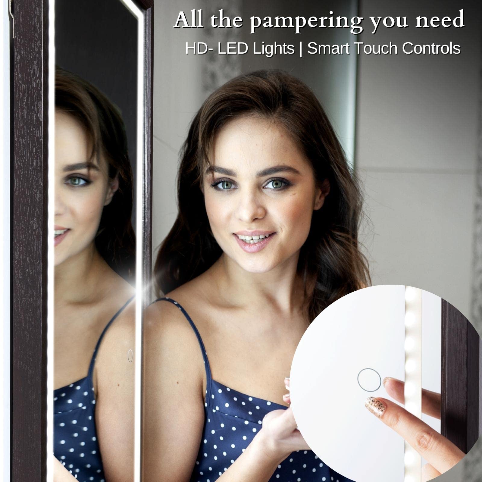 LUXFURNI Full Length LED Mirror with Lights - Adjustable Brightness Wall Mount & Over Door Hanging Mirror for Bedroom, Dressing Room, Vanity - Perfect for Makeup, Outfit Checks & Home Decor