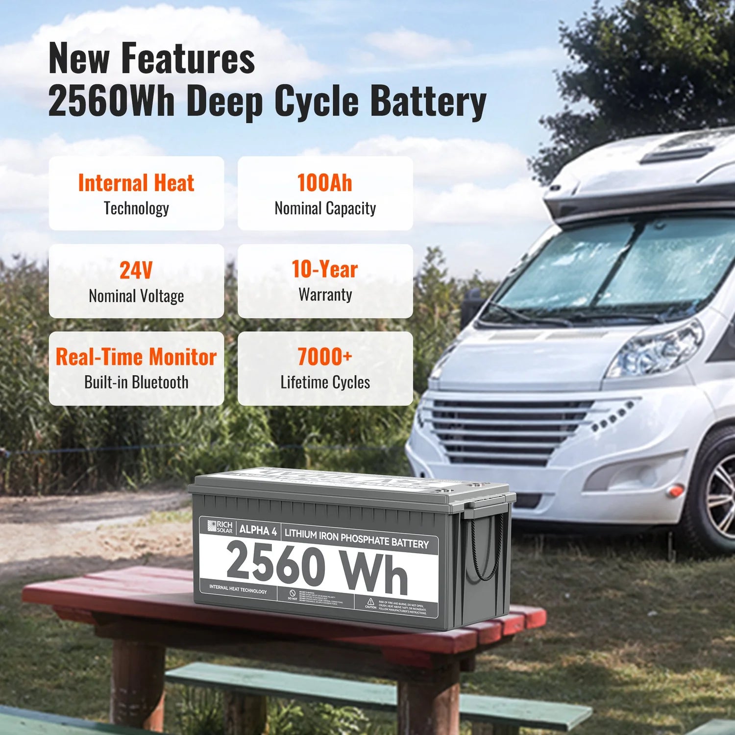 Rich Solar ALPHA 4 24V 100Ah LiFePO4 Lithium Battery with Built-in Heating & Bluetooth - Perfect for Solar Power Systems, RVs, Marine Applications, and Off-Grid Energy Storage