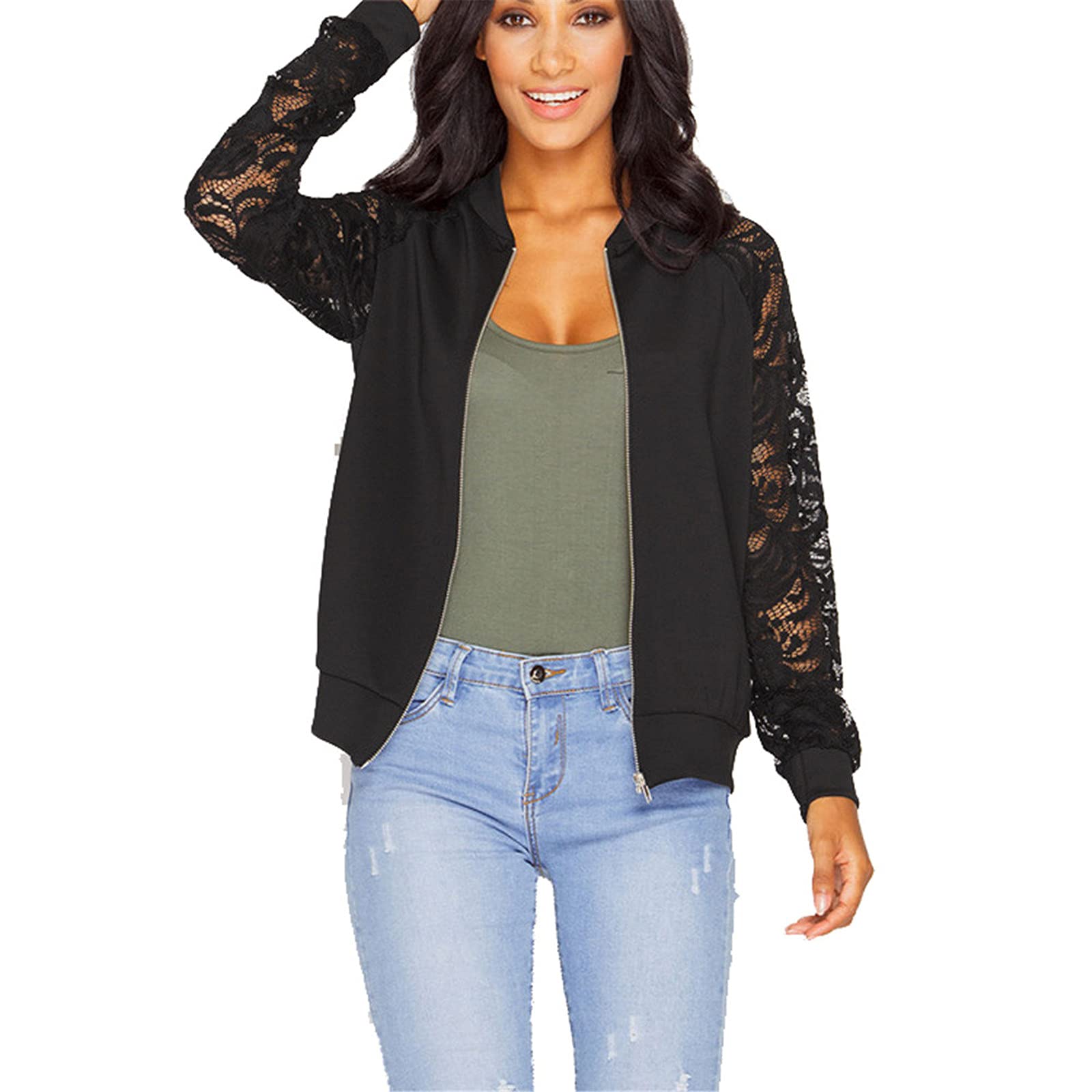 Aniywn Women's Lightweight Zip Up Floral Lace Bomber Jacket - Long Sleeve Mesh Loose Fit Casual Coat in Black & White | Perfect for Spring Outfits, Date Nights & Layering Fashion