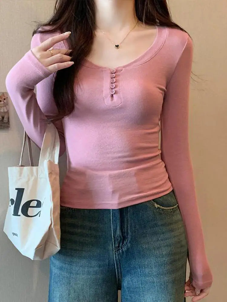 2024 Autumn Women's Gray Button Long Sleeve T-Shirt - Korean Style Casual Vintage Slim O-Neck Pullover Top (Beige/Pink) | Trendy Fall Fashion for Work, Dating & Daily Wear