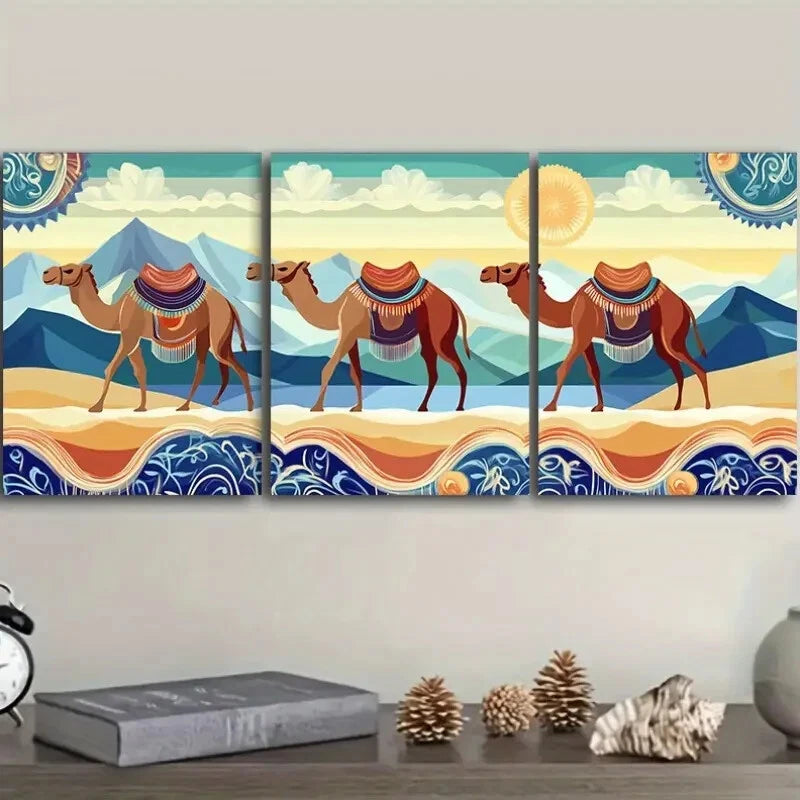 3-Piece Caravan of Camels Wall Art Set - Framed Canvas 40x60cm (16x24in) - High Quality Australian Made Prints - Ready to Hang Desert Theme Decor for Living Room, Bedroom or Office