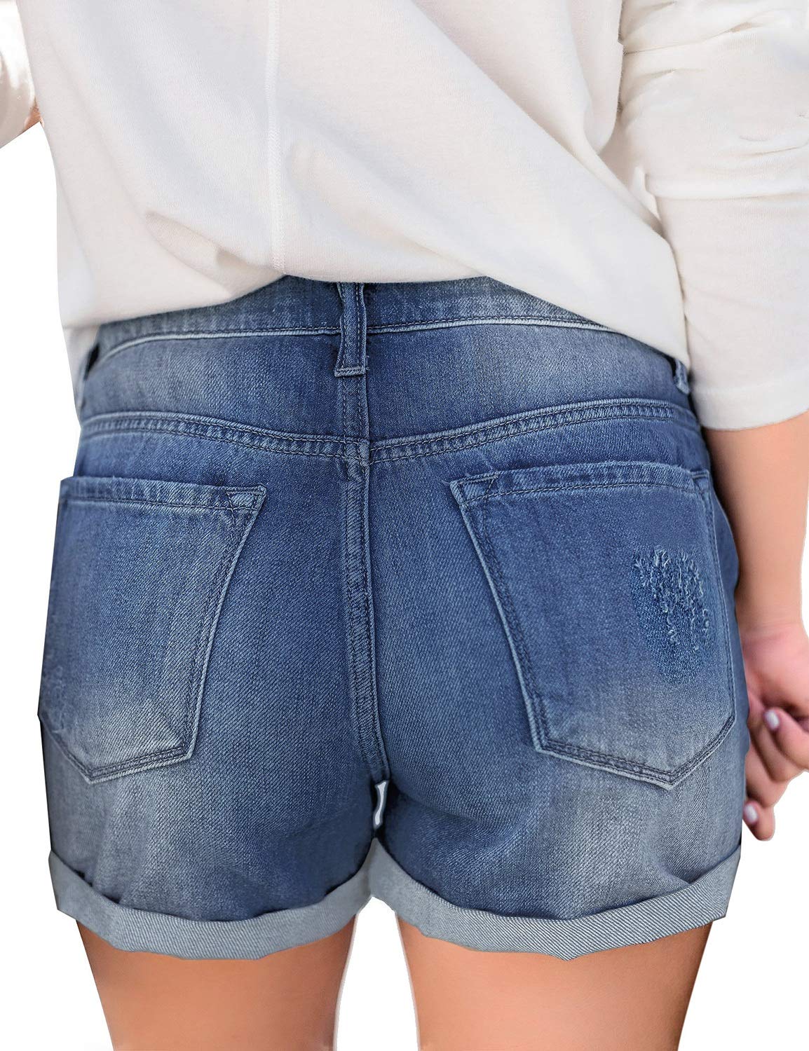 LookbookStore Women's High Waisted Denim Shorts with Sewn Cuffs & Button Details | Summer Fashion | Casual Outfit, Beach Wear & Street Style