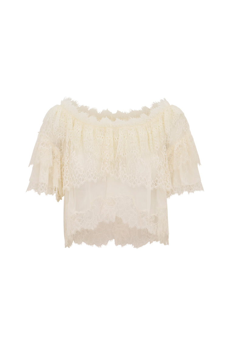 Elegant Vienne Lace Ruffle Blouse for Women - Romantic Floral Lace Top with Ruffled Sleeves - Perfect for Date Night, Wedding Guest Outfits & Special Occasions