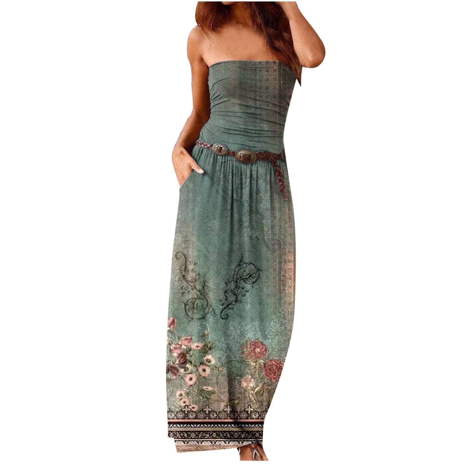 Strapless Floral Bodycon Maxi Dress for Women - Summer Boho Sundress with Pockets | Beach & Party Wear