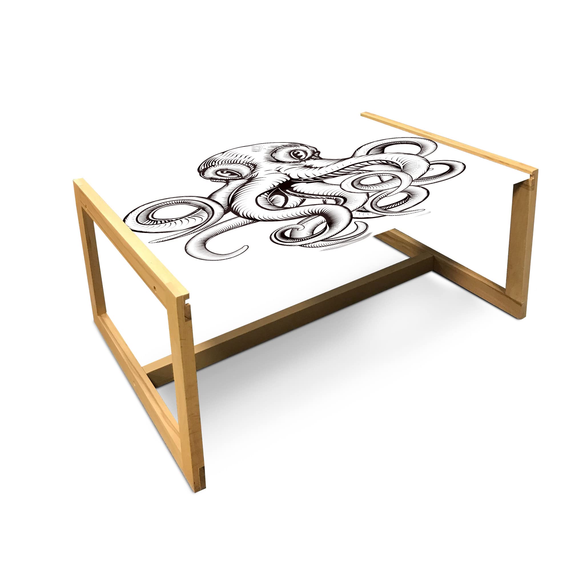 Ambesonne Octopus Coffee Table - Woodblock Style Monochrome Art, Acrylic Glass Top with Wooden Frame, Large Brown & White Center Table for Living Room, Office, Dorm | Unique Home Decor, Modern Furniture for Small Spaces