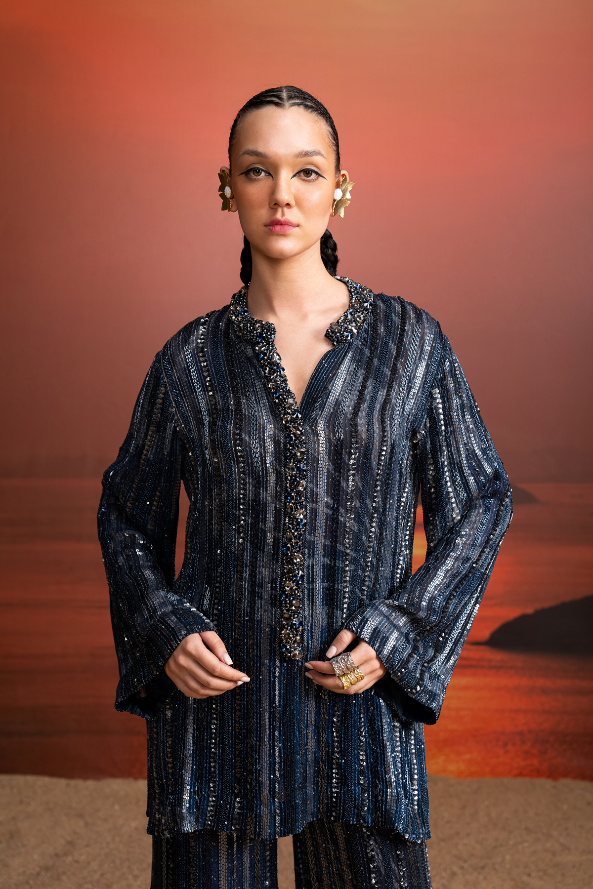 Stylish Indigo Swirl Printed Gunmetal Embroidered Short Kurta with Pants Set | Traditional Indian Ethnic Wear for Men | Perfect for Festivals, Weddings & Casual Outings