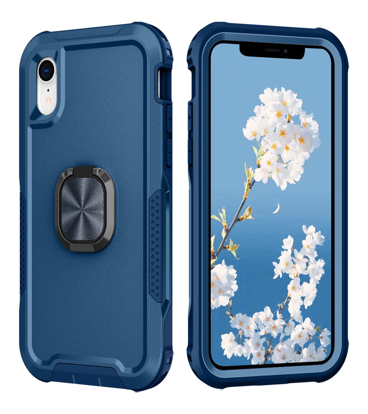 **Heavy Duty Shockproof iPhone XR Case with 360° Ring Holder & Kickstand – Hybrid Bumper Silicone Hard Back Cover (Blue) – Perfect for Outdoor, Travel & Car Mount Use**