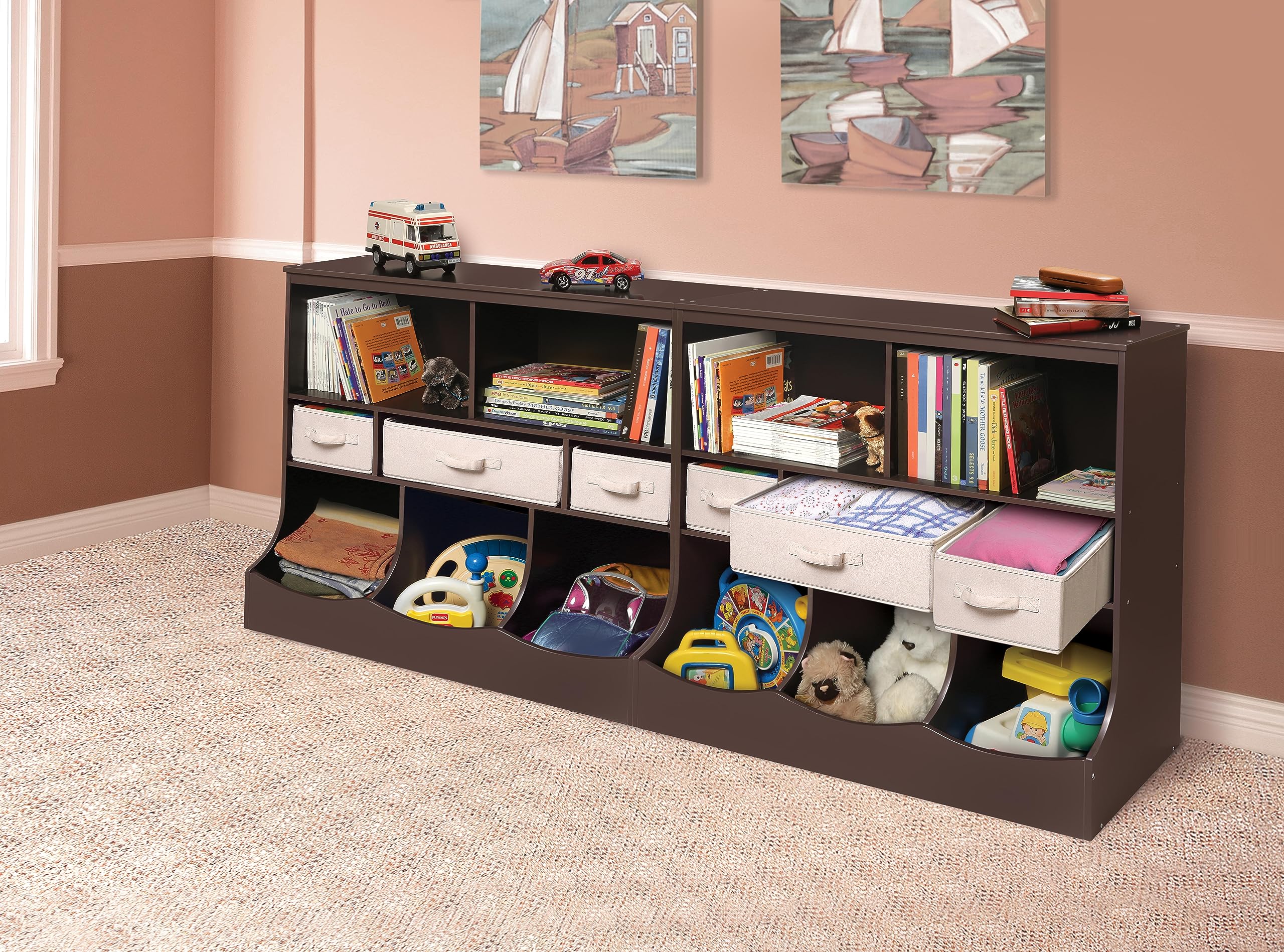 Badger Basket Kids Toy Storage and Bookshelf Organizer with 3 Bins - Espresso Finish for Nursery, Playroom & Bedroom Organization