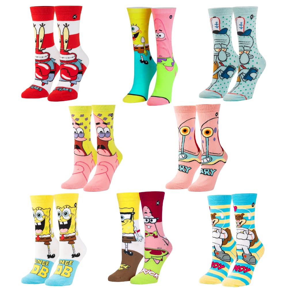 Odd Sox Nickelodeon SpongeBob Cartoon Socks Gift Box Set - 8 Pairs of Fun Colorful Ankle Socks for Men & Women | Perfect for Cosplay, Gifts, and SpongeBob Fans
