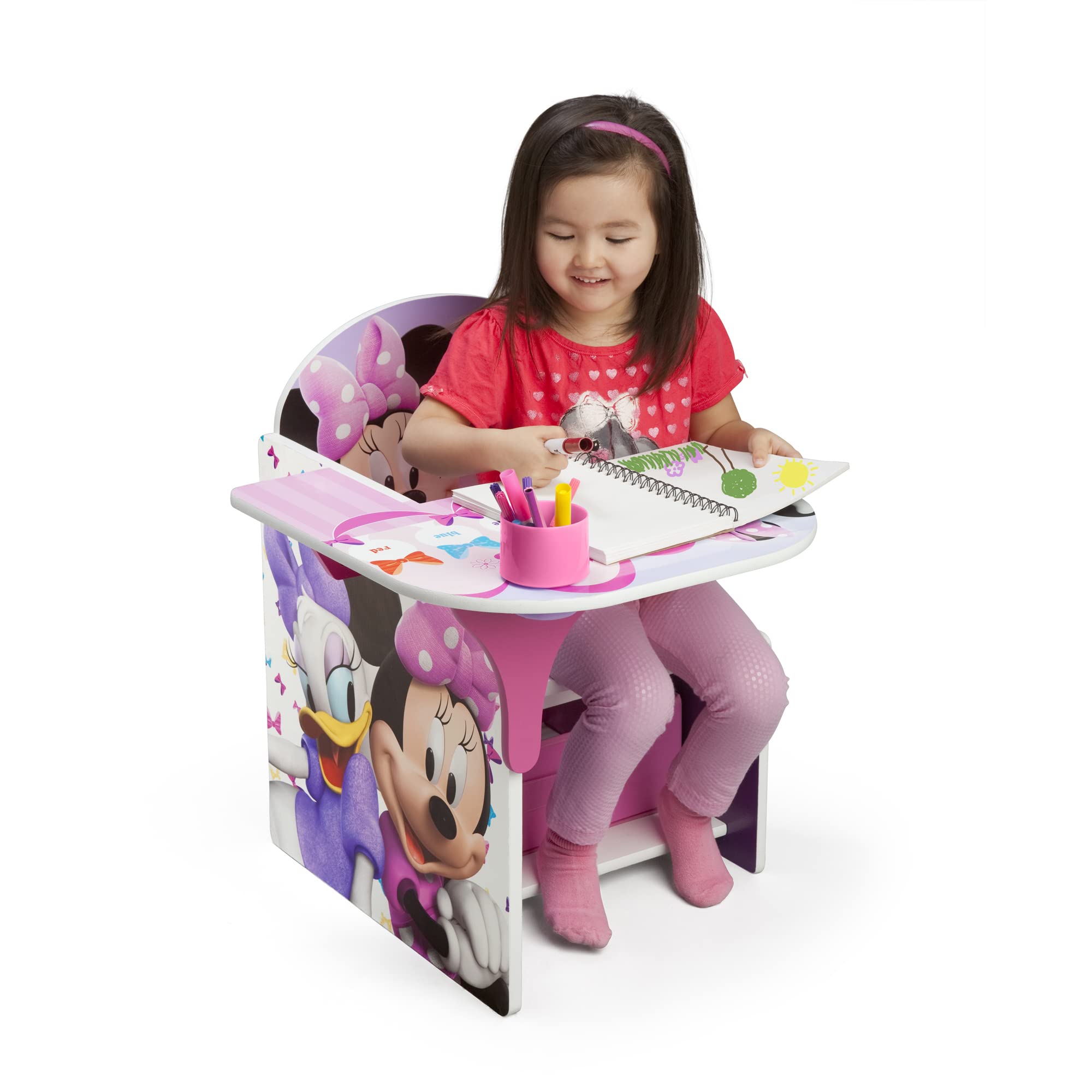 Delta Children 6-Bin Toy Storage Organizer with Disney Minnie Mouse Chair & Desk - Kids Playroom Organization Solution for Toys, Books & Art Supplies