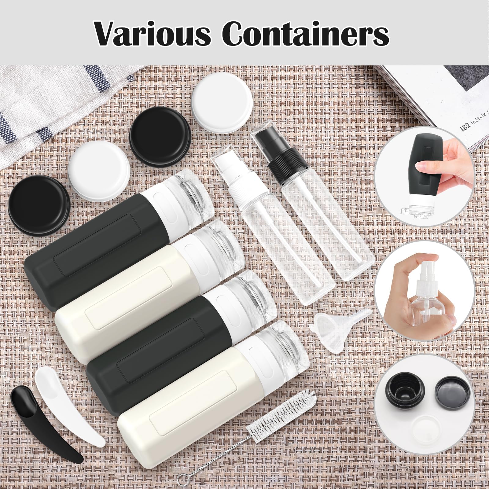 17PCS Travel Bottles for Toiletries - TSA Approved Leak Proof Silicone Containers for Shampoo, Conditioner & Lotion | Black & White Travel Kit for Vacation, Gym & Business Trips