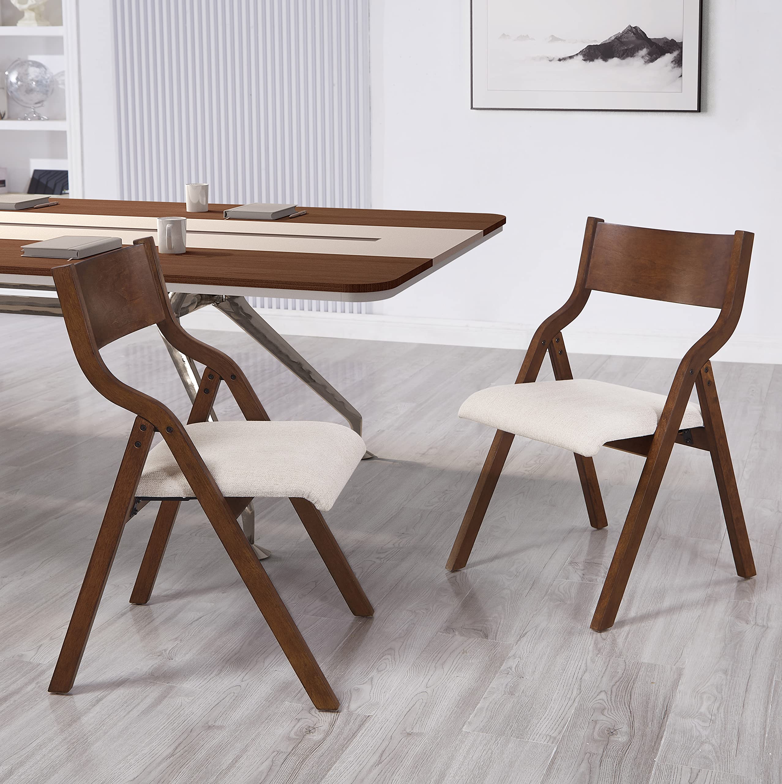 Modern Folding Chairs Set of 2 - Upholstered Kitchen & Dining Chairs with Walnut Finish | Space-Saving Seating for Small Apartments, Outdoor Events & Extra Guest Accommodations