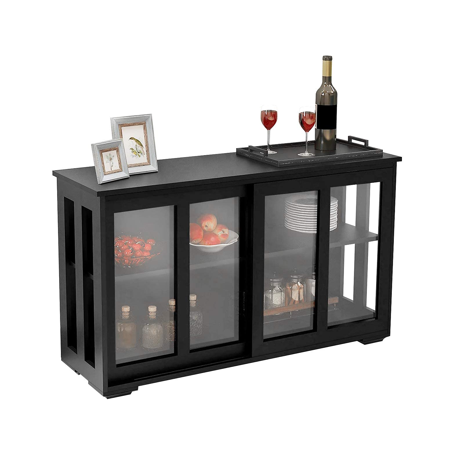 Antique Black Stackable Sideboard Cabinet with Glass Sliding Door & Adjustable Shelves - Universal Kitchen Storage, Buffet Cupboard for Dining & Living Room - Perfect for Small Space Organization & Home Decor