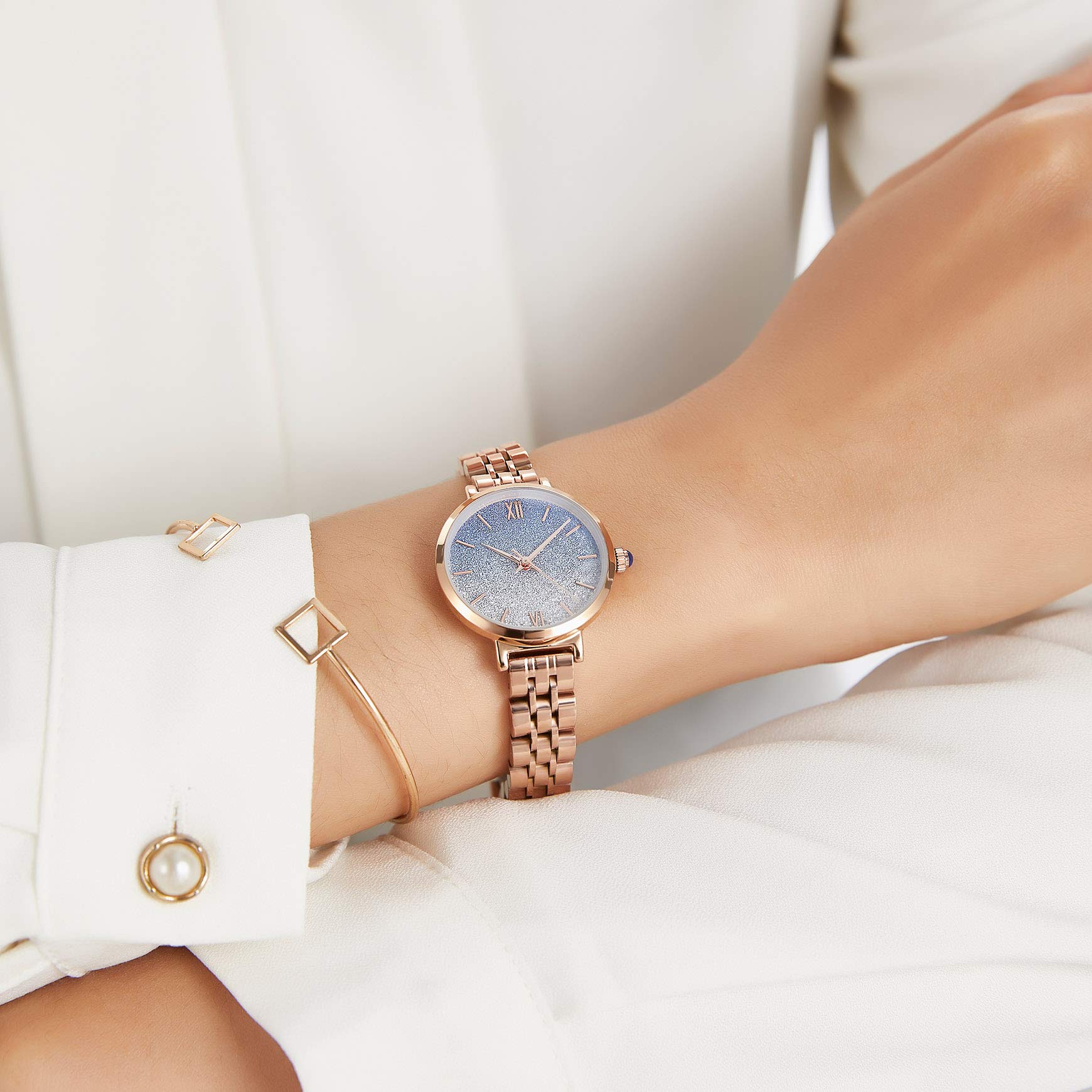 Japanese Quartz Women's Watch - 18k Gold Ion-Plated Stainless Steel Case, Waterproof Blue Dial - Elegant Fashion Wristwatch for Women | Perfect for Office, Party & Everyday Wear