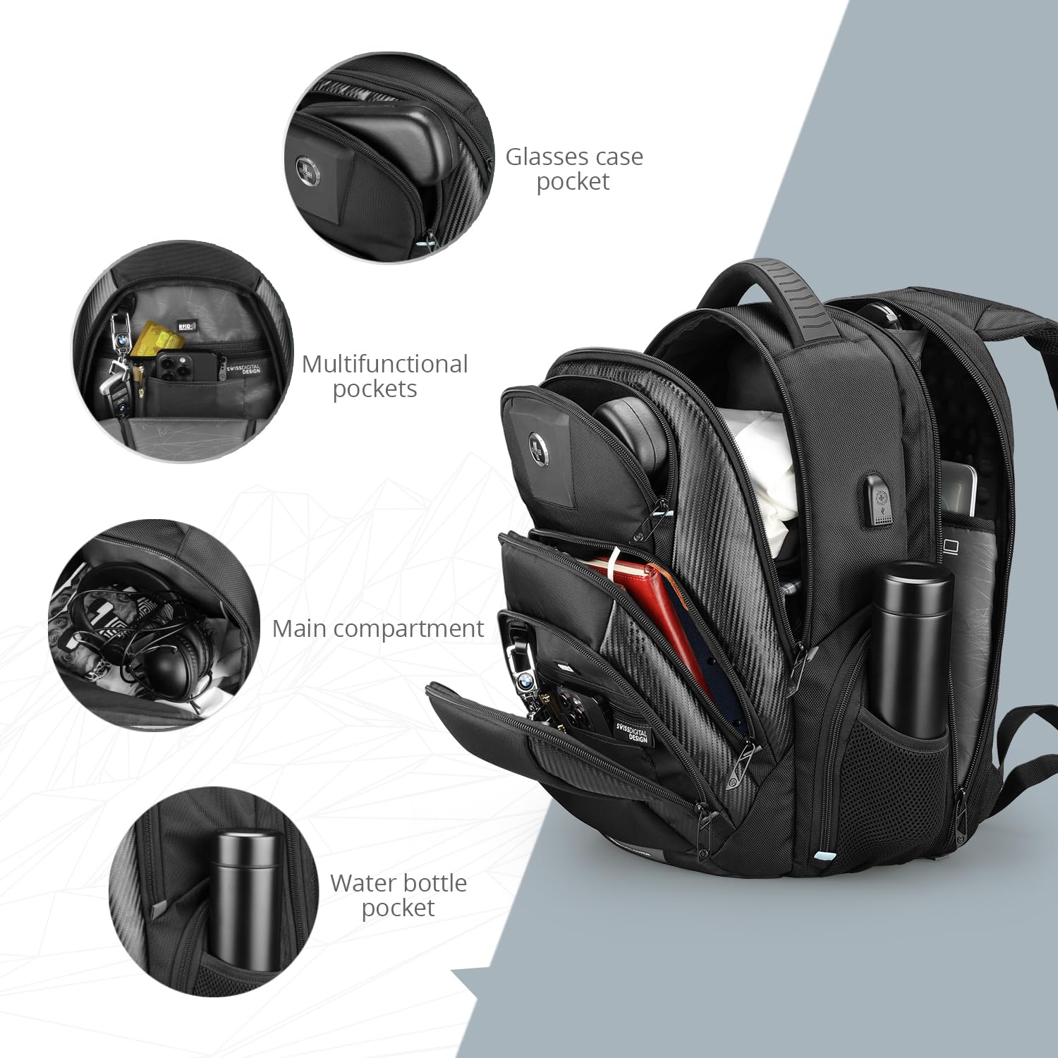 Swissdigital Men's Laptop Backpack for Business & College - Large Capacity Travel Backpack with USB Charging Port & Apple Find My Support - Perfect for Work Commute, Business Trips & Campus Use